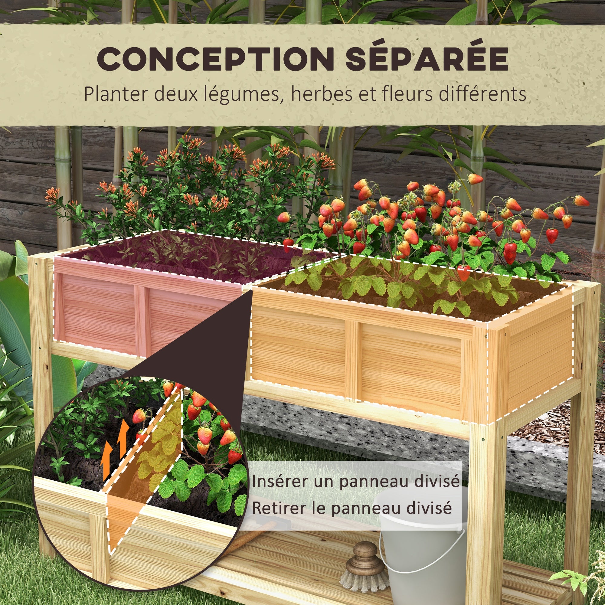 Raised Wooden Planter Stand - Planter with Removable Separator, Shelf, Irrigation Inserts, Drainage Felt Included - Dim. 115L x 46W x 75H cm - Solid Fir Wood