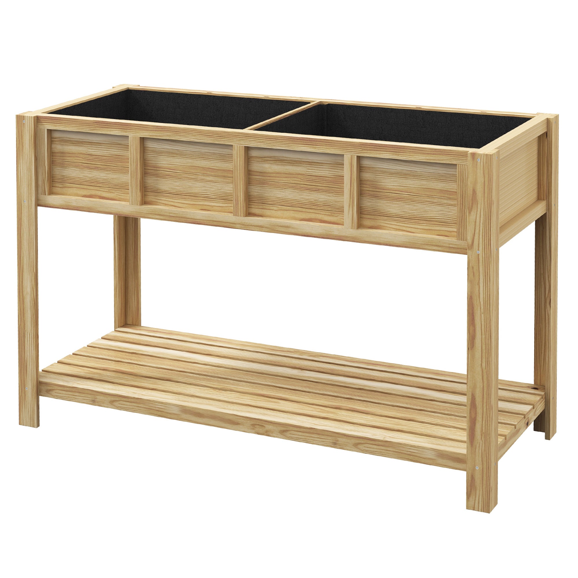 Raised Wooden Planter Stand - Planter with Removable Separator, Shelf, Irrigation Inserts, Drainage Felt Included - Dim. 115L x 46W x 75H cm - Solid Fir Wood