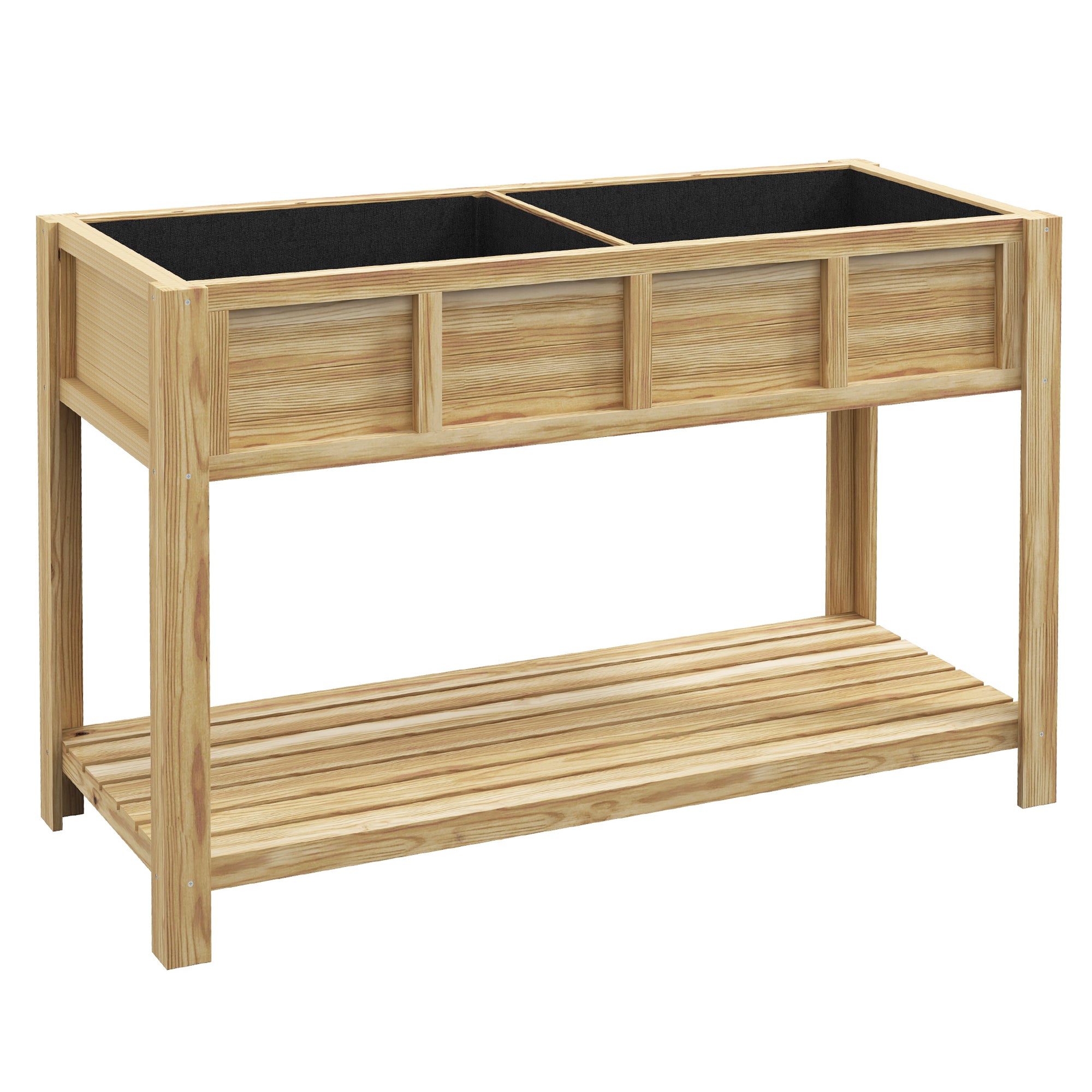 Raised Wooden Planter Stand - Planter with Removable Separator, Shelf, Irrigation Inserts, Drainage Felt Included - Dim. 115L x 46W x 75H cm - Solid Fir Wood