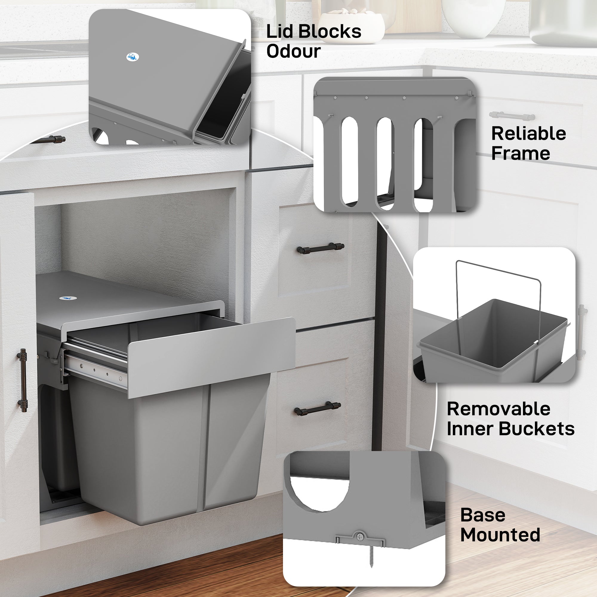 Under-Cabinet Pull-Out Trash Bin — 2 Removable 15L Bins (Total 30 L), Soft-Close Slides, Light Gray