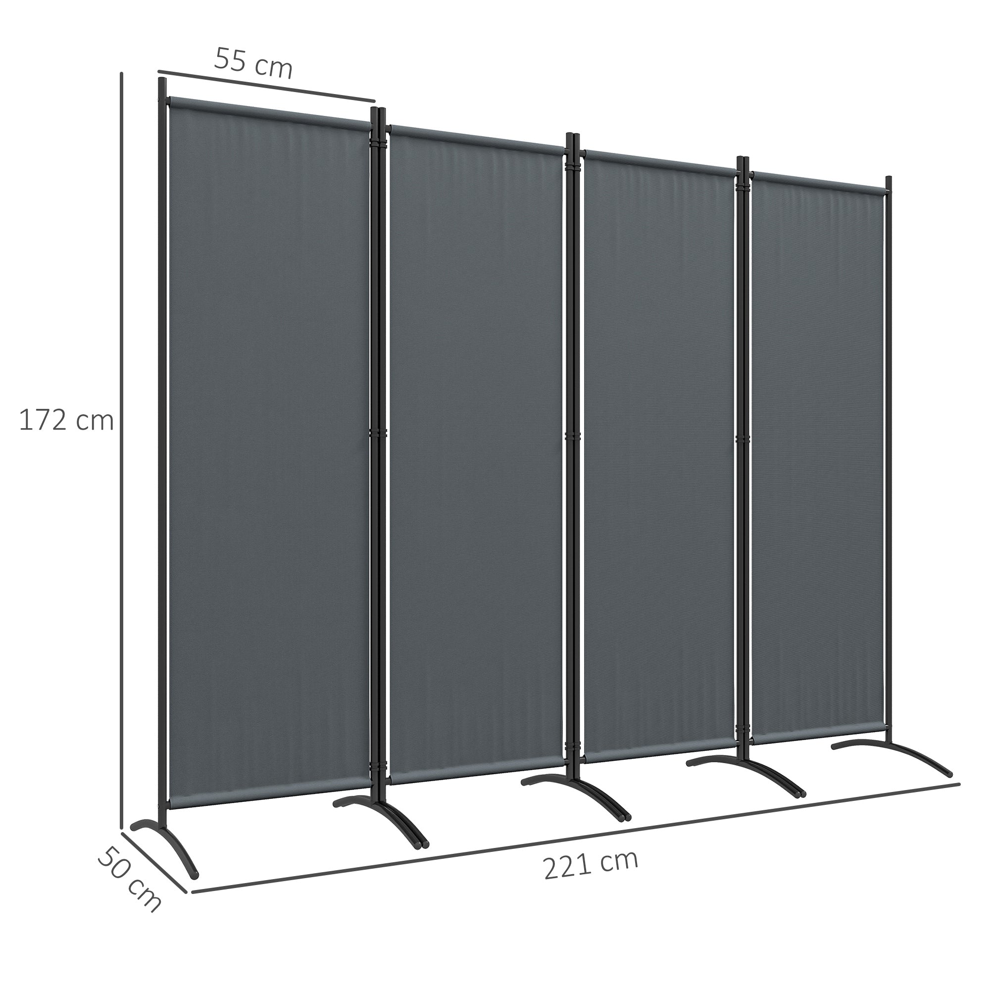 Room Divider 221 x 172 cm, 4-Panel Garden Room Divider with Wide Feet, for Patio, Pool, made of 180 g/m² Polyester Fabric, Dark Gray