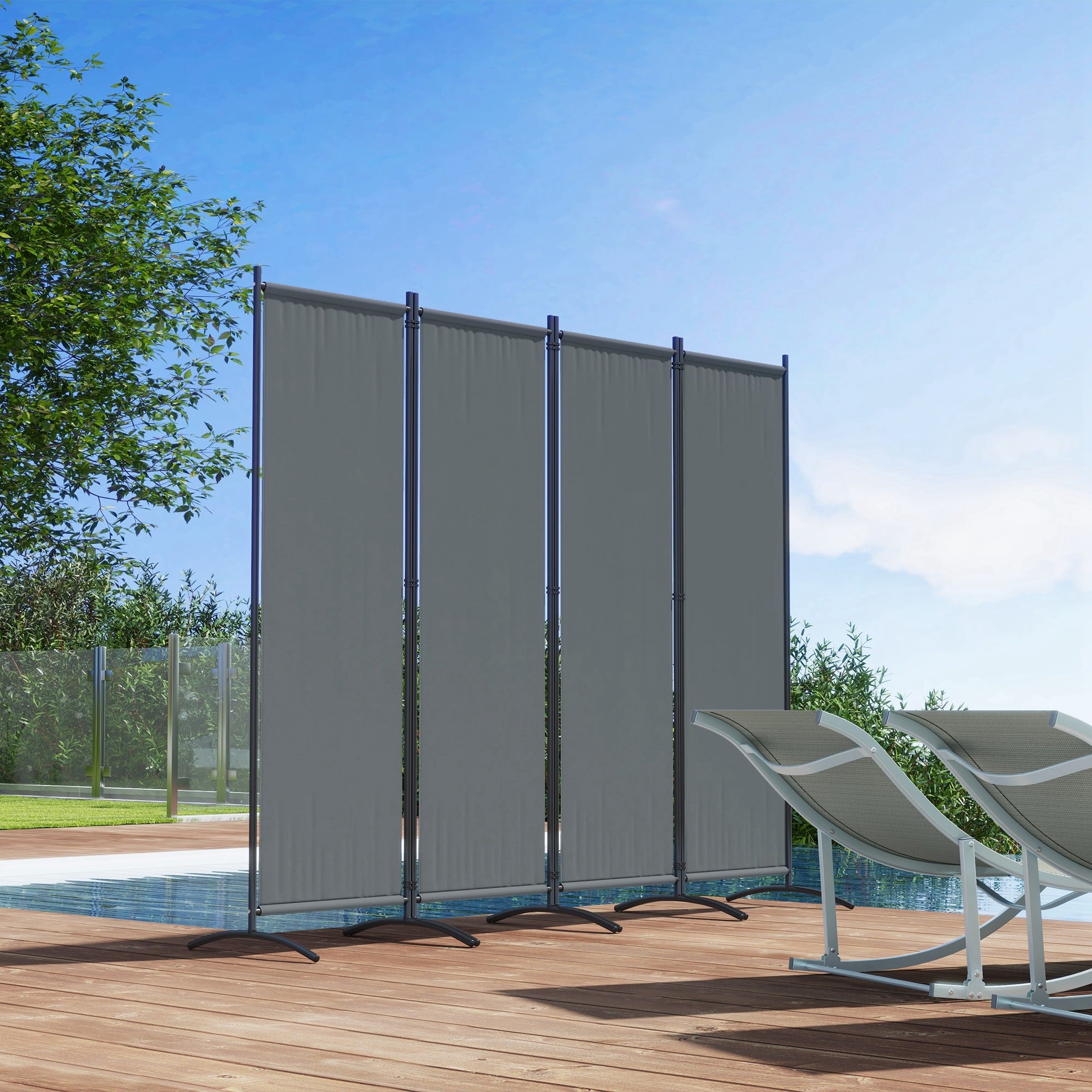 Room Divider 221 x 172 cm, 4-Panel Garden Room Divider with Wide Feet, for Patio, Pool, made of 180 g/m² Polyester Fabric, Dark Gray