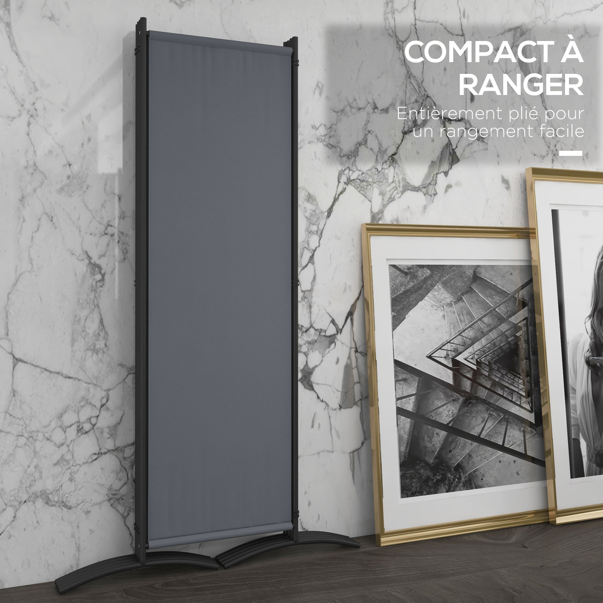 Room Divider 221 x 172 cm, 4-Panel Garden Room Divider with Wide Feet, for Patio, Pool, made of 180 g/m² Polyester Fabric, Dark Gray