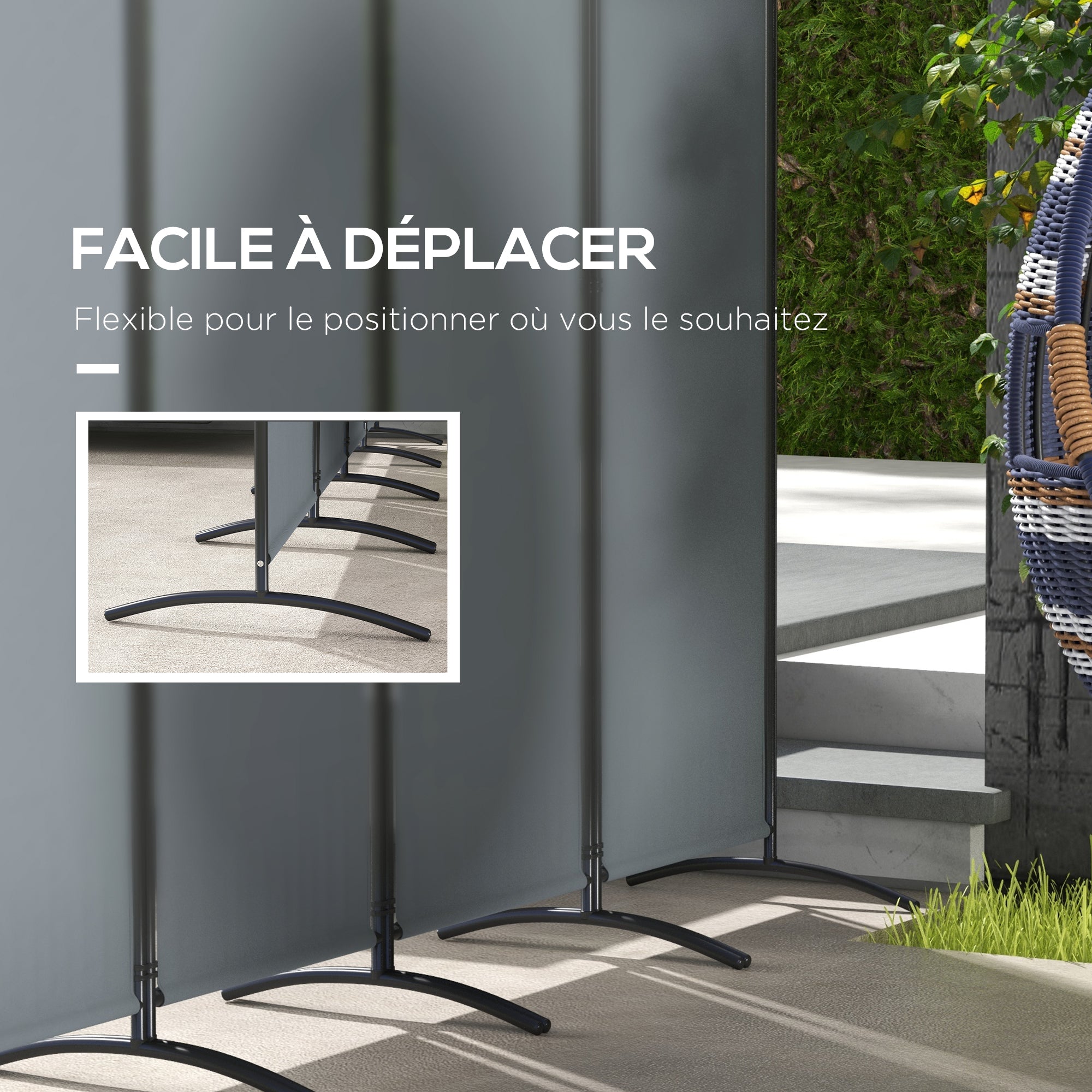 Room Divider 221 x 172 cm, 4-Panel Garden Room Divider with Wide Feet, for Patio, Pool, made of 180 g/m² Polyester Fabric, Dark Gray