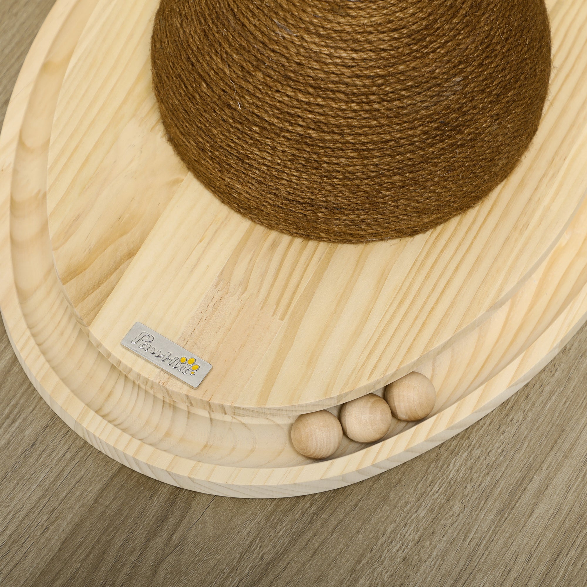 Interactive Cat Toy, 2-in-1 Design Scratching Toy with Scratching Board and Ball Track, Cat Scratching Furniture, Jute, Pine Wood, Natural+Coffee, 39.5 x 32.5 x 14.5 cm