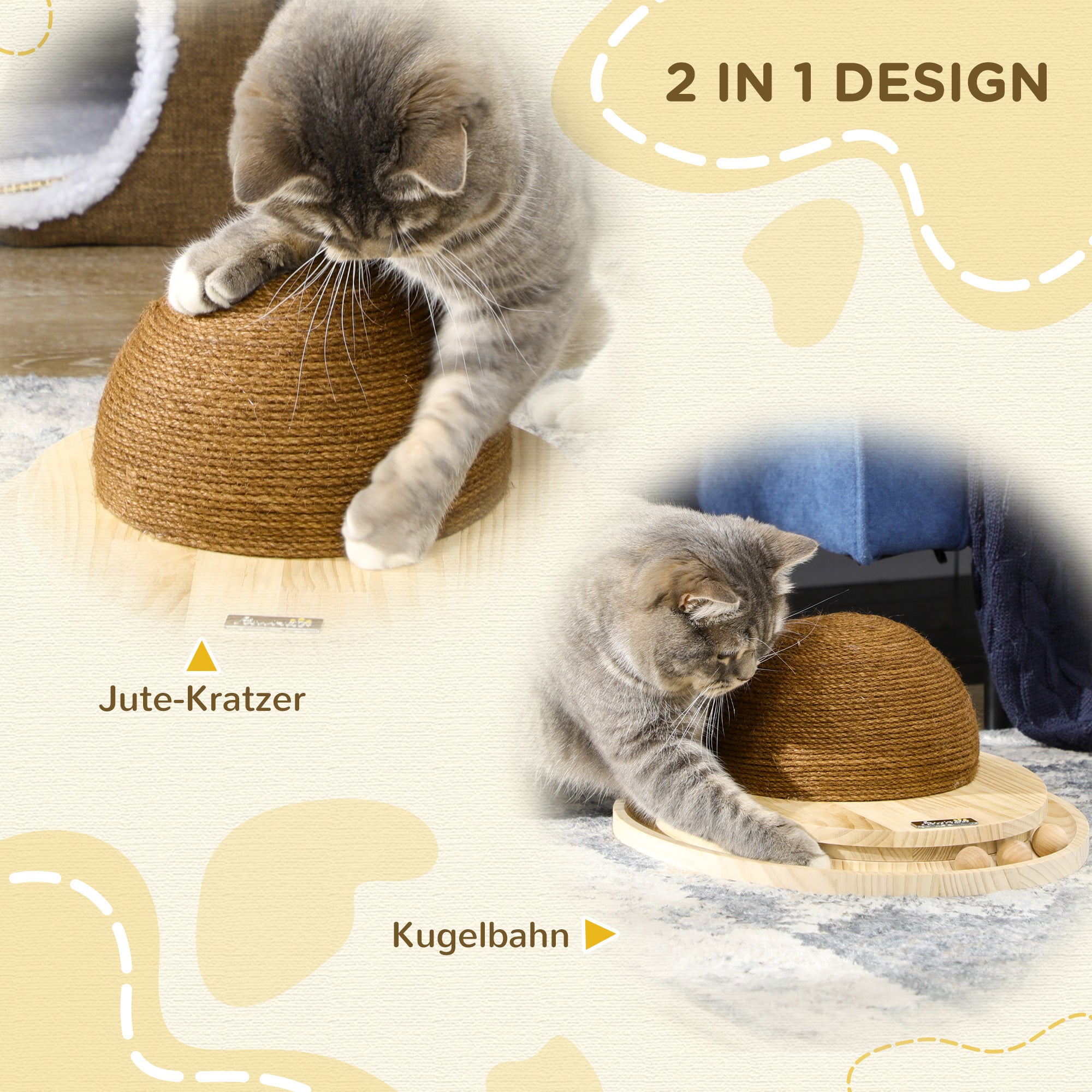 Interactive Cat Toy, 2-in-1 Design Scratching Toy with Scratching Board and Ball Track, Cat Scratching Furniture, Jute, Pine Wood, Natural+Coffee, 39.5 x 32.5 x 14.5 cm