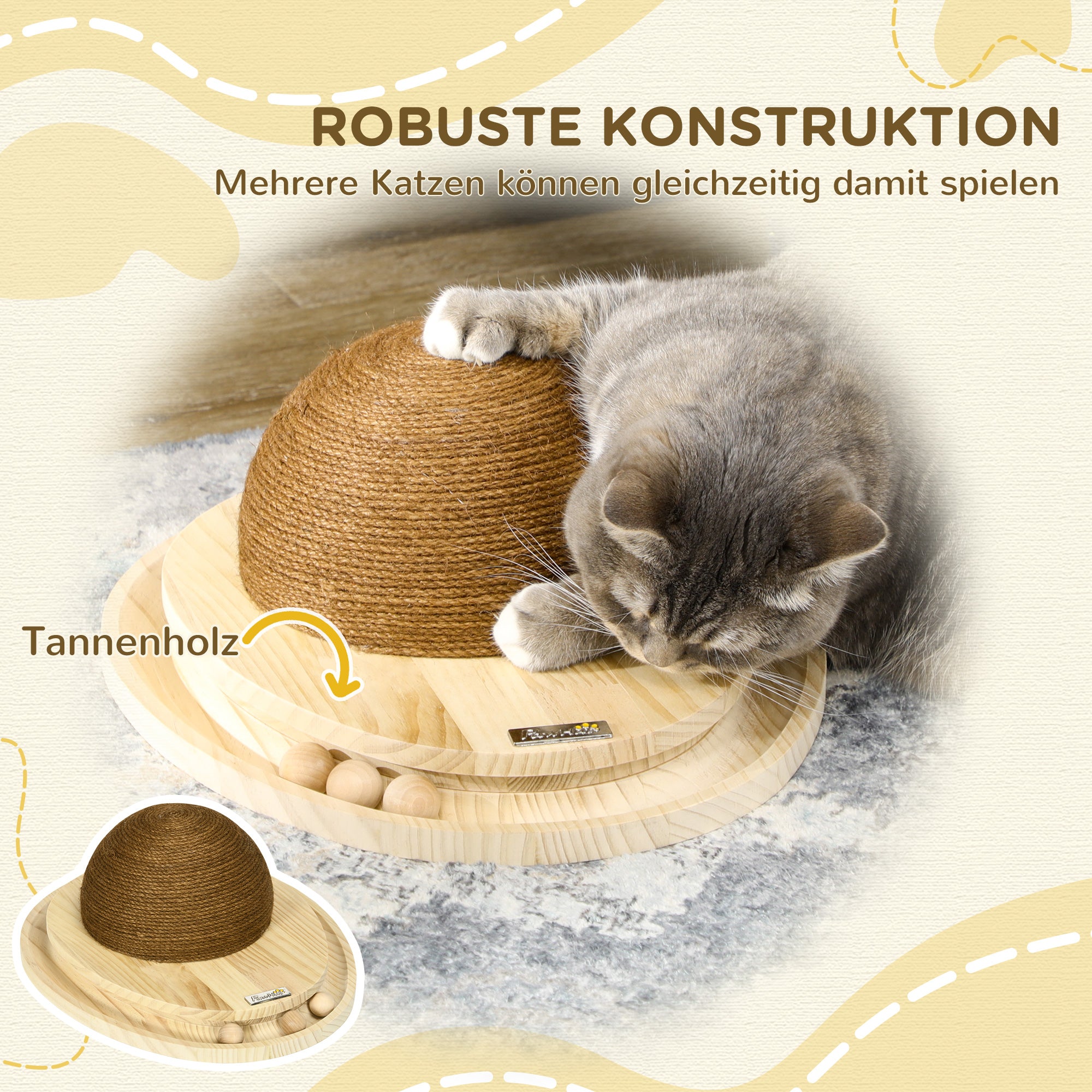 Interactive Cat Toy, 2-in-1 Design Scratching Toy with Scratching Board and Ball Track, Cat Scratching Furniture, Jute, Pine Wood, Natural+Coffee, 39.5 x 32.5 x 14.5 cm