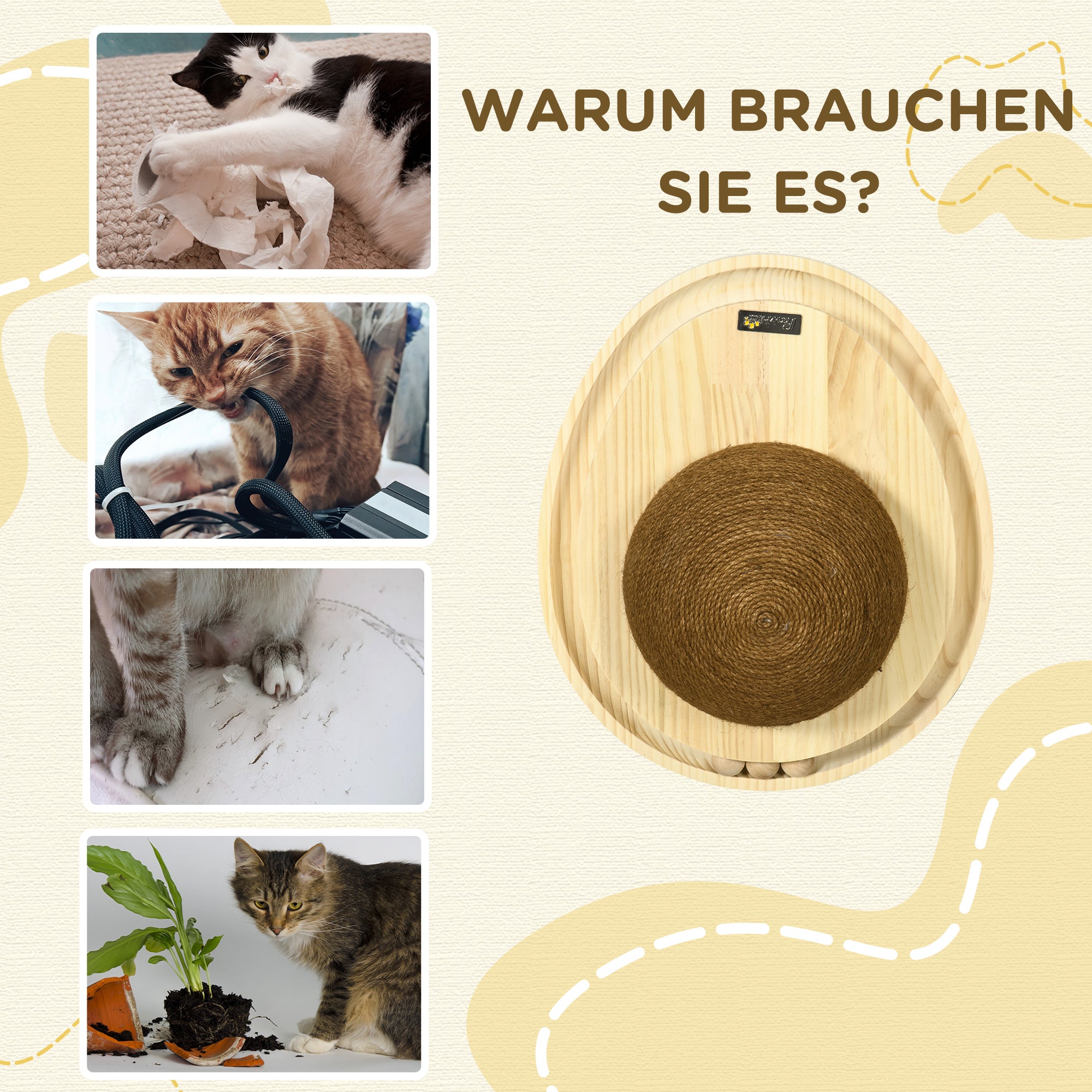 Interactive Cat Toy, 2-in-1 Design Scratching Toy with Scratching Board and Ball Track, Cat Scratching Furniture, Jute, Pine Wood, Natural+Coffee, 39.5 x 32.5 x 14.5 cm