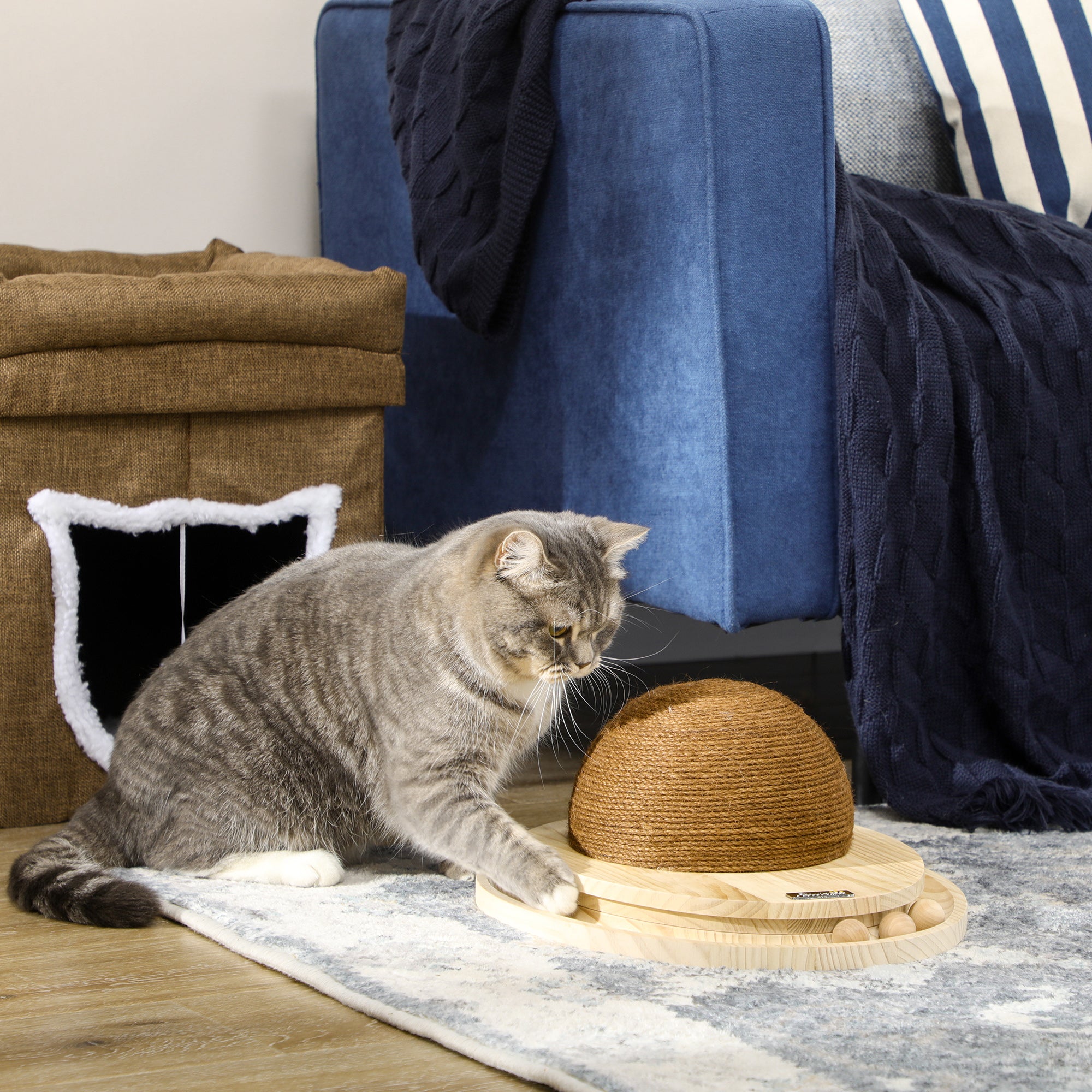 Interactive Cat Toy, 2-in-1 Design Scratching Toy with Scratching Board and Ball Track, Cat Scratching Furniture, Jute, Pine Wood, Natural+Coffee, 39.5 x 32.5 x 14.5 cm