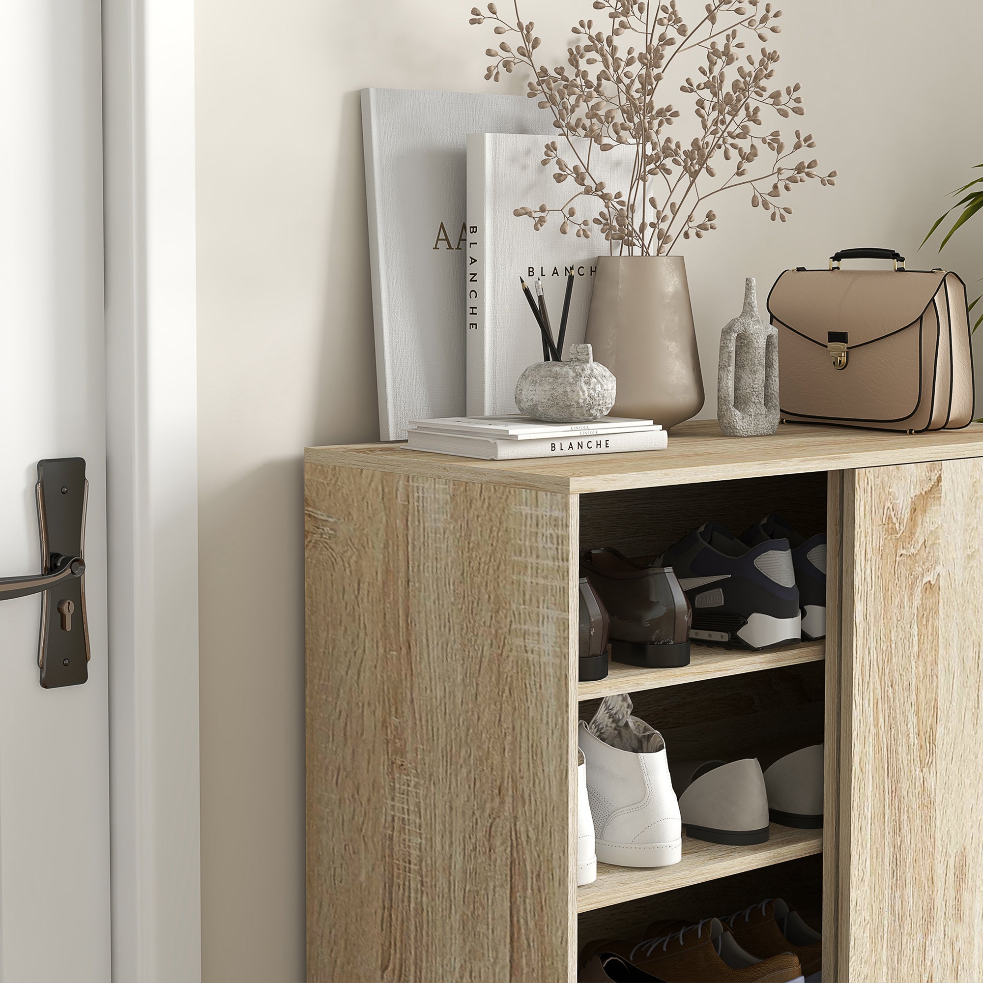 4-Tier Entryway Shoe Rack, Particleboard and Steel Shoe Storage with Sliding Door, Shoe Organizer with Shelves for up to 12 Pairs of Shoes, 80x40x93 cm, Wood Color