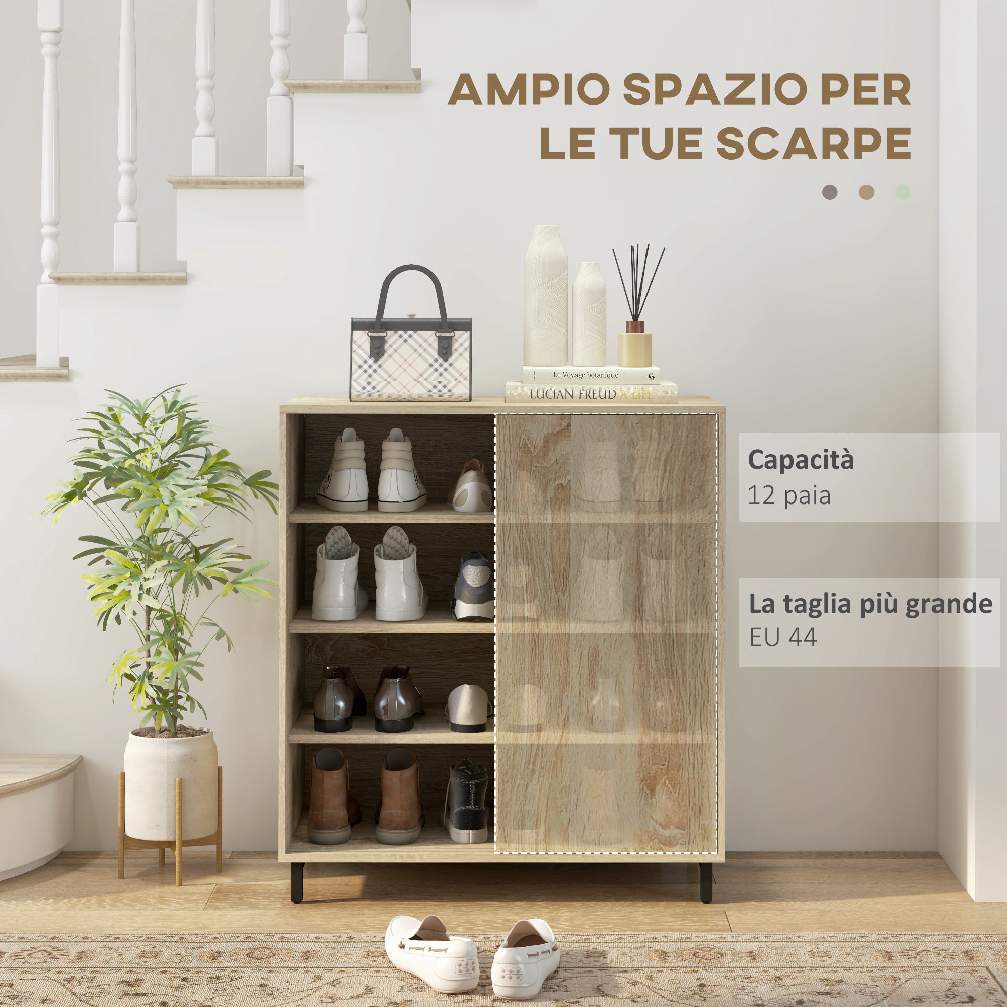 4-Tier Entryway Shoe Rack, Particleboard and Steel Shoe Storage with Sliding Door, Shoe Organizer with Shelves for up to 12 Pairs of Shoes, 80x40x93 cm, Wood Color