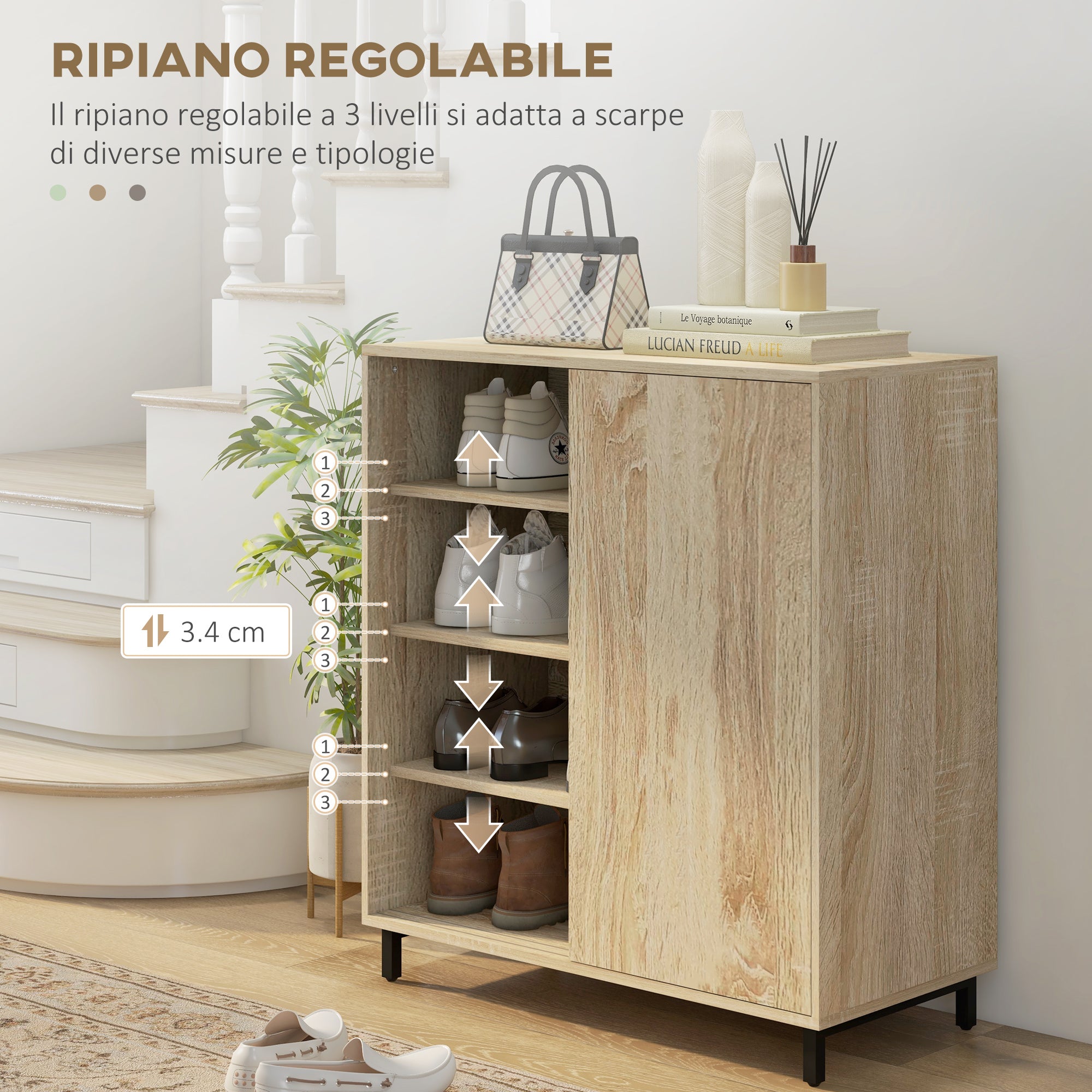 4-Tier Entryway Shoe Rack, Particleboard and Steel Shoe Storage with Sliding Door, Shoe Organizer with Shelves for up to 12 Pairs of Shoes, 80x40x93 cm, Wood Color