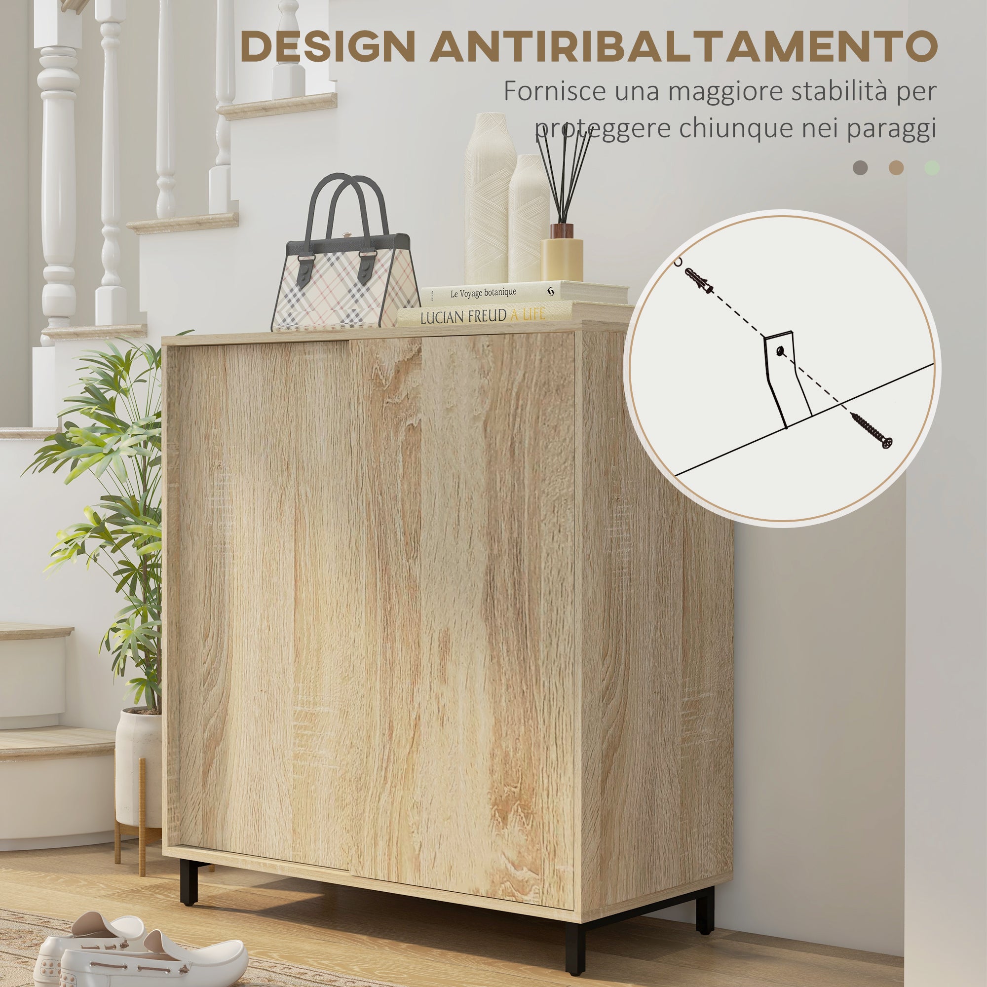 4-Tier Entryway Shoe Rack, Particleboard and Steel Shoe Storage with Sliding Door, Shoe Organizer with Shelves for up to 12 Pairs of Shoes, 80x40x93 cm, Wood Color