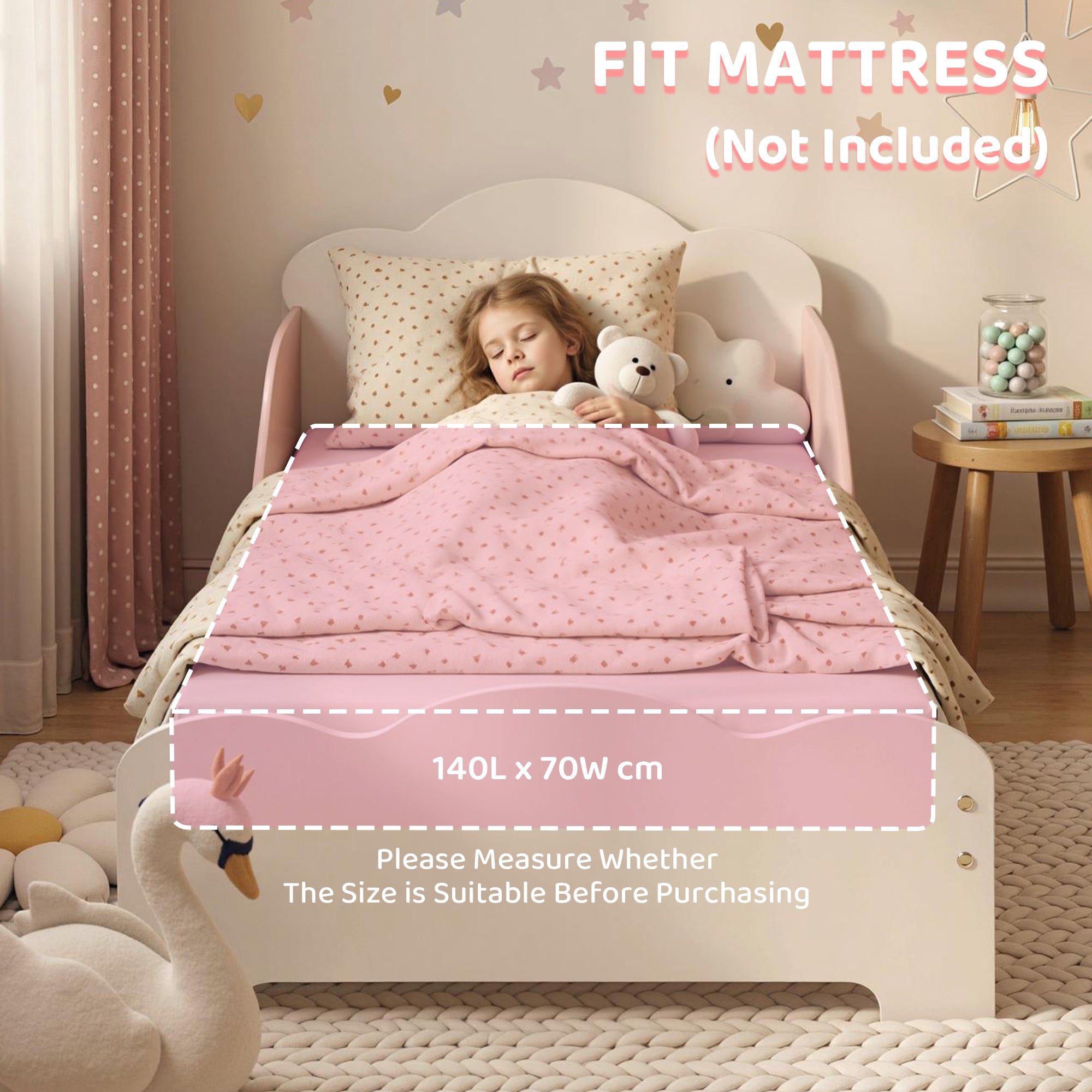 Toddler Bed 55 x 27.6 in (140×70 cm) with Guardrails & Slatted Base, Pink – Mattress Not Included