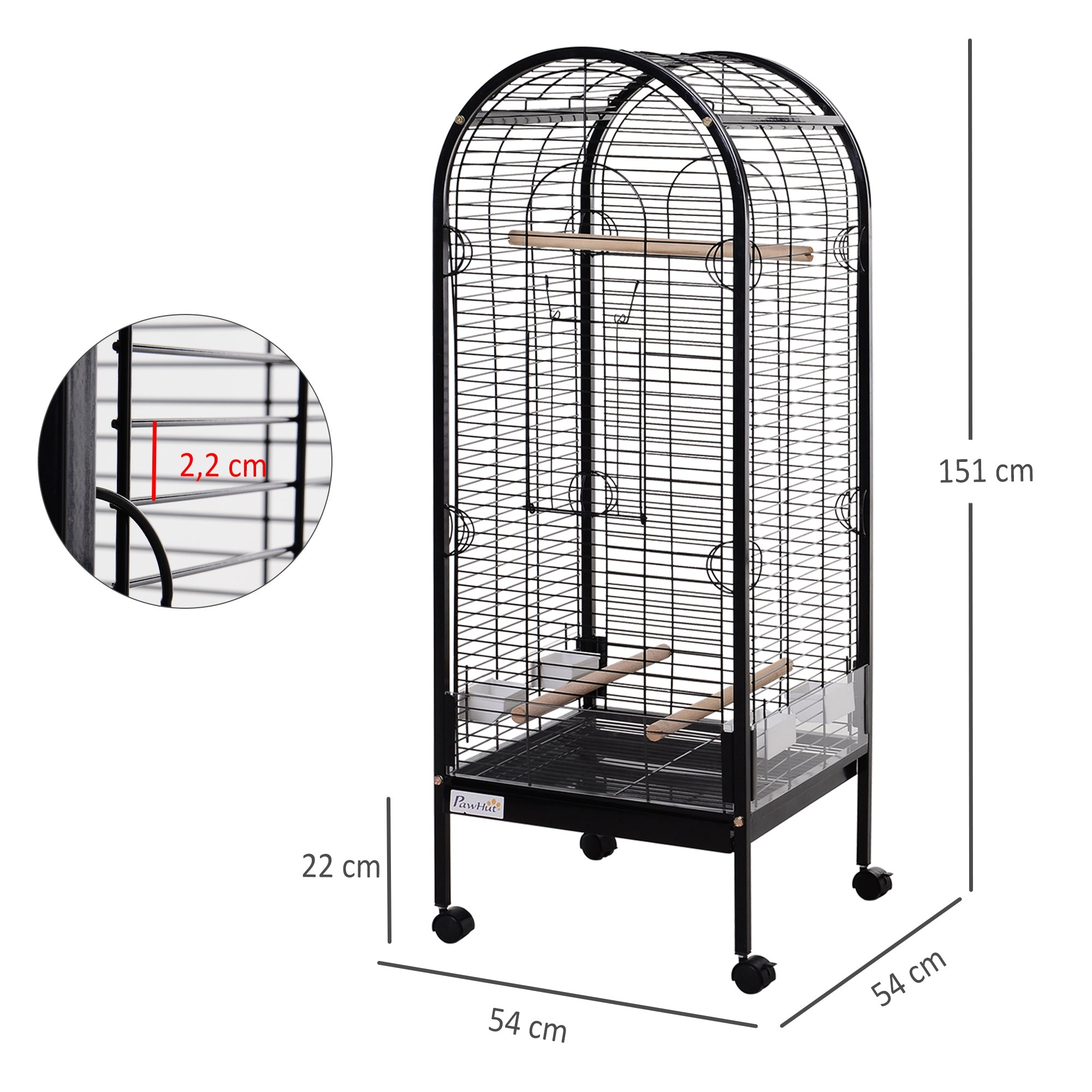 Metal Bird Cage with 3 Removable Wooden Perches Spacious for Parrots Canaries Parakeets with 4 Wheels 54x54x151 cm Black