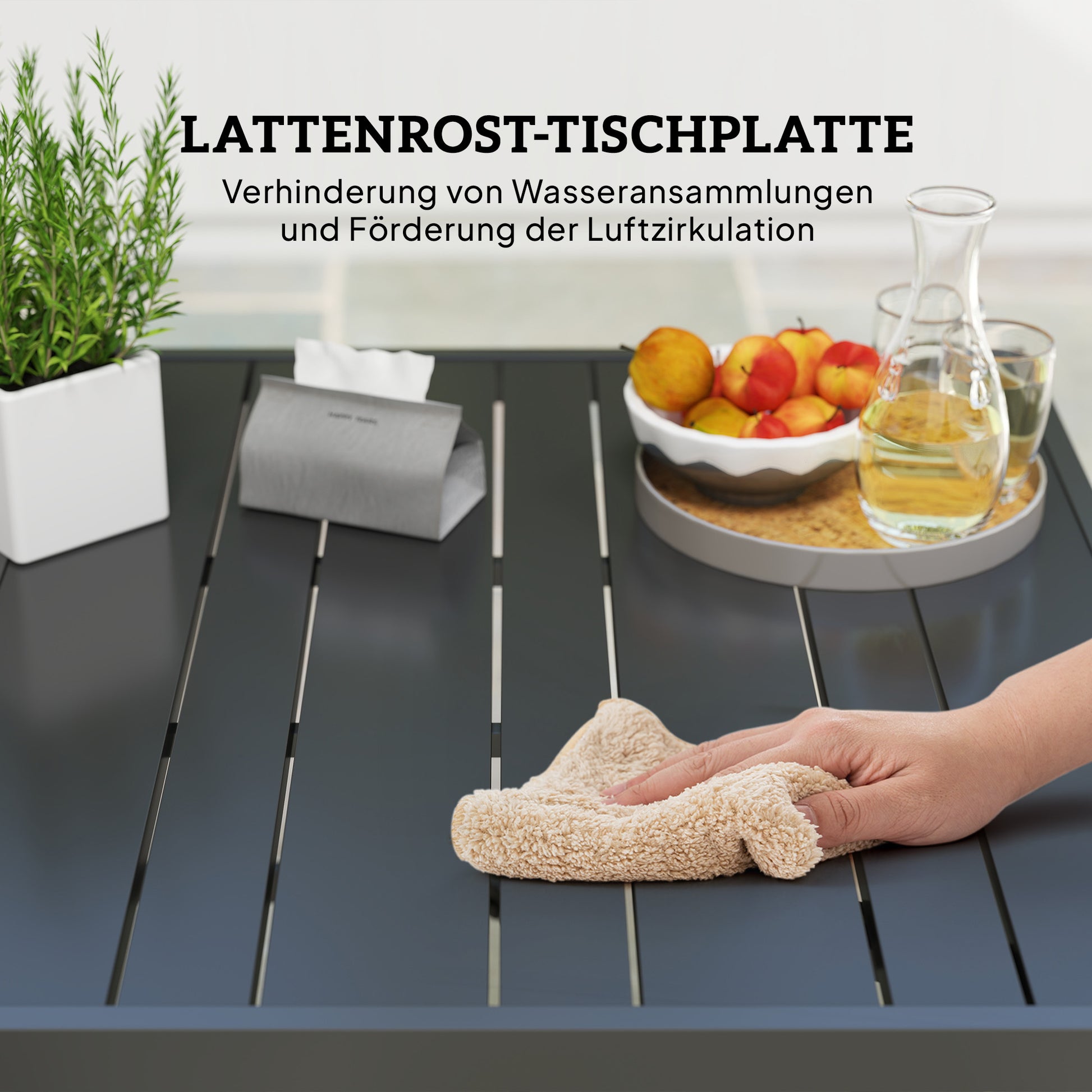 Patio Table 152x90 cm, Weatherproof Steel Balcony Table with Umbrella Hole, Slat Design Dining Table Outdoor, Camping Table, Rectangular Patio Table for Garden Balcony Black
