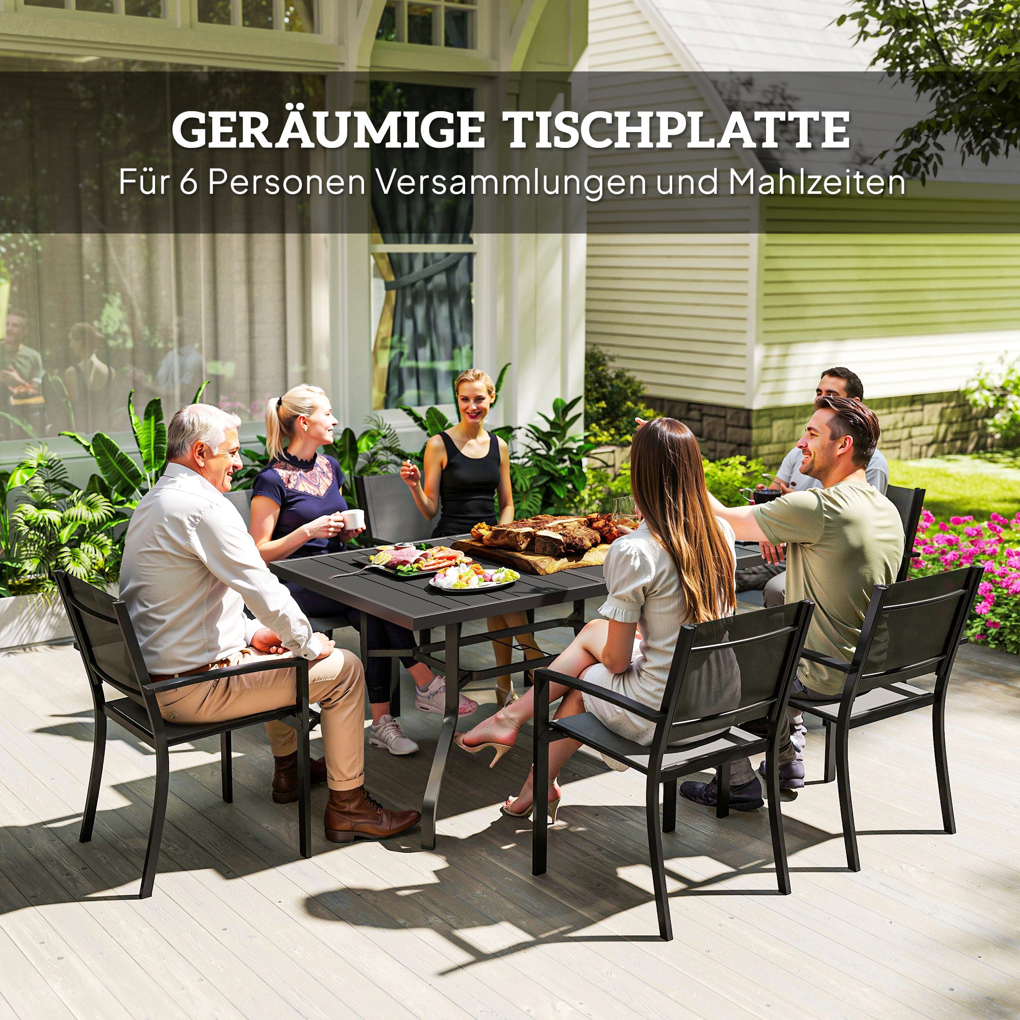 Patio Table 152x90 cm, Weatherproof Steel Balcony Table with Umbrella Hole, Slat Design Dining Table Outdoor, Camping Table, Rectangular Patio Table for Garden Balcony Black