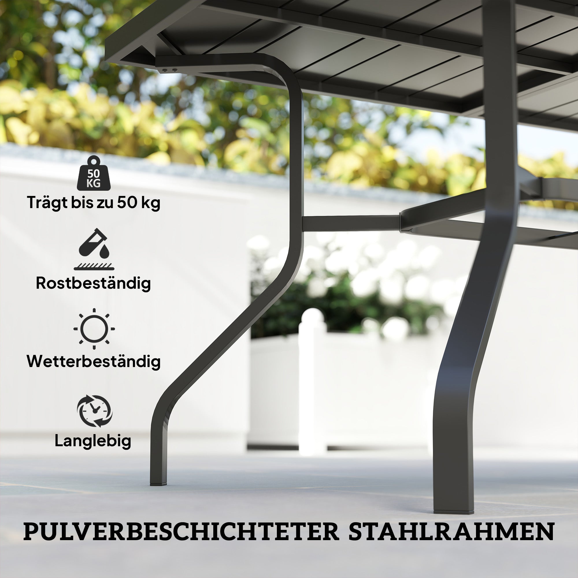 Patio Table 152x90 cm, Weatherproof Steel Balcony Table with Umbrella Hole, Slat Design Dining Table Outdoor, Camping Table, Rectangular Patio Table for Garden Balcony Black