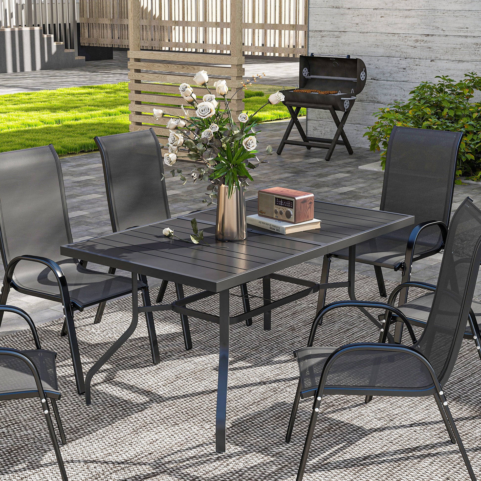 Patio Table 152x90 cm, Weatherproof Steel Balcony Table with Umbrella Hole, Slat Design Dining Table Outdoor, Camping Table, Rectangular Patio Table for Garden Balcony Black