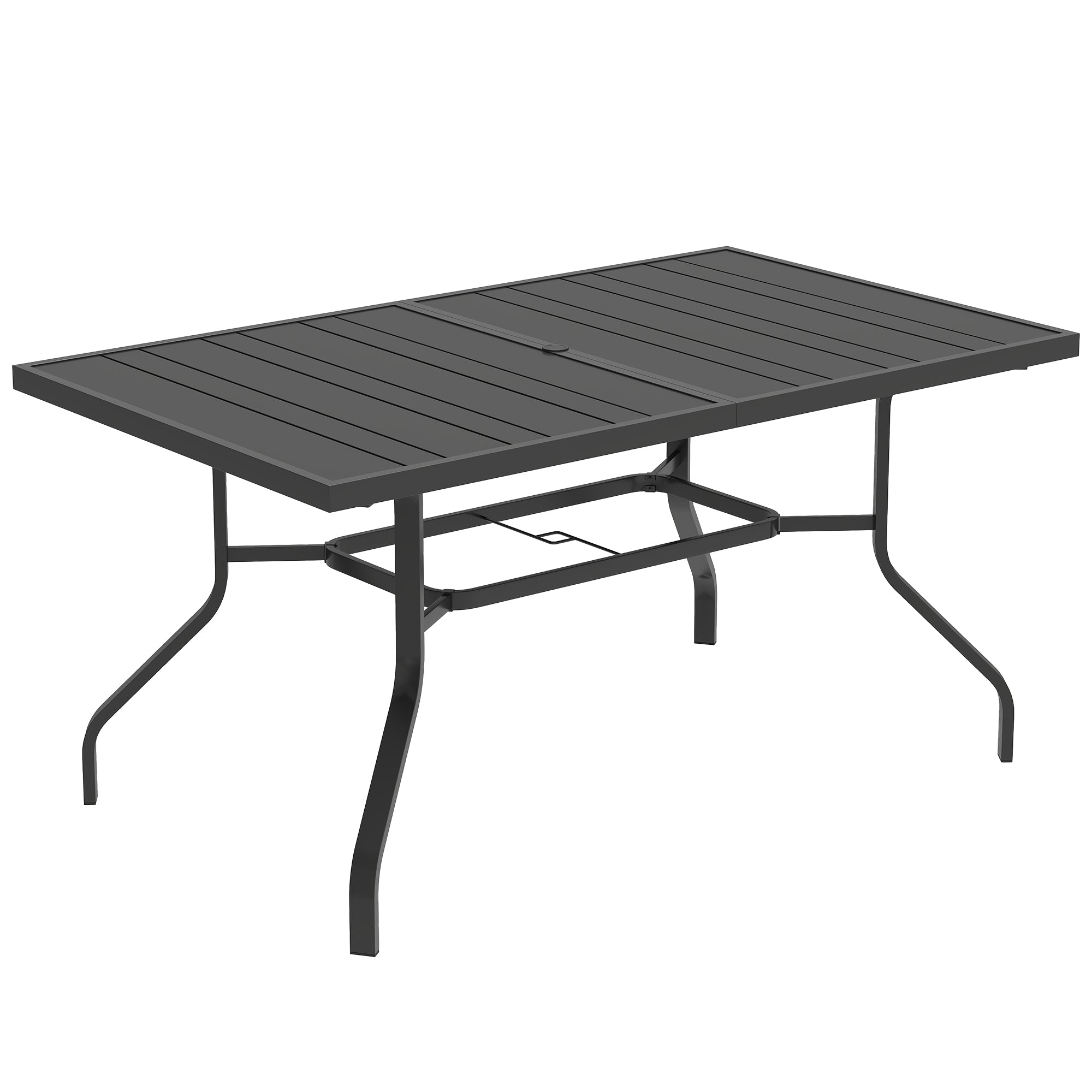 Patio Table 152x90 cm, Weatherproof Steel Balcony Table with Umbrella Hole, Slat Design Dining Table Outdoor, Camping Table, Rectangular Patio Table for Garden Balcony Black