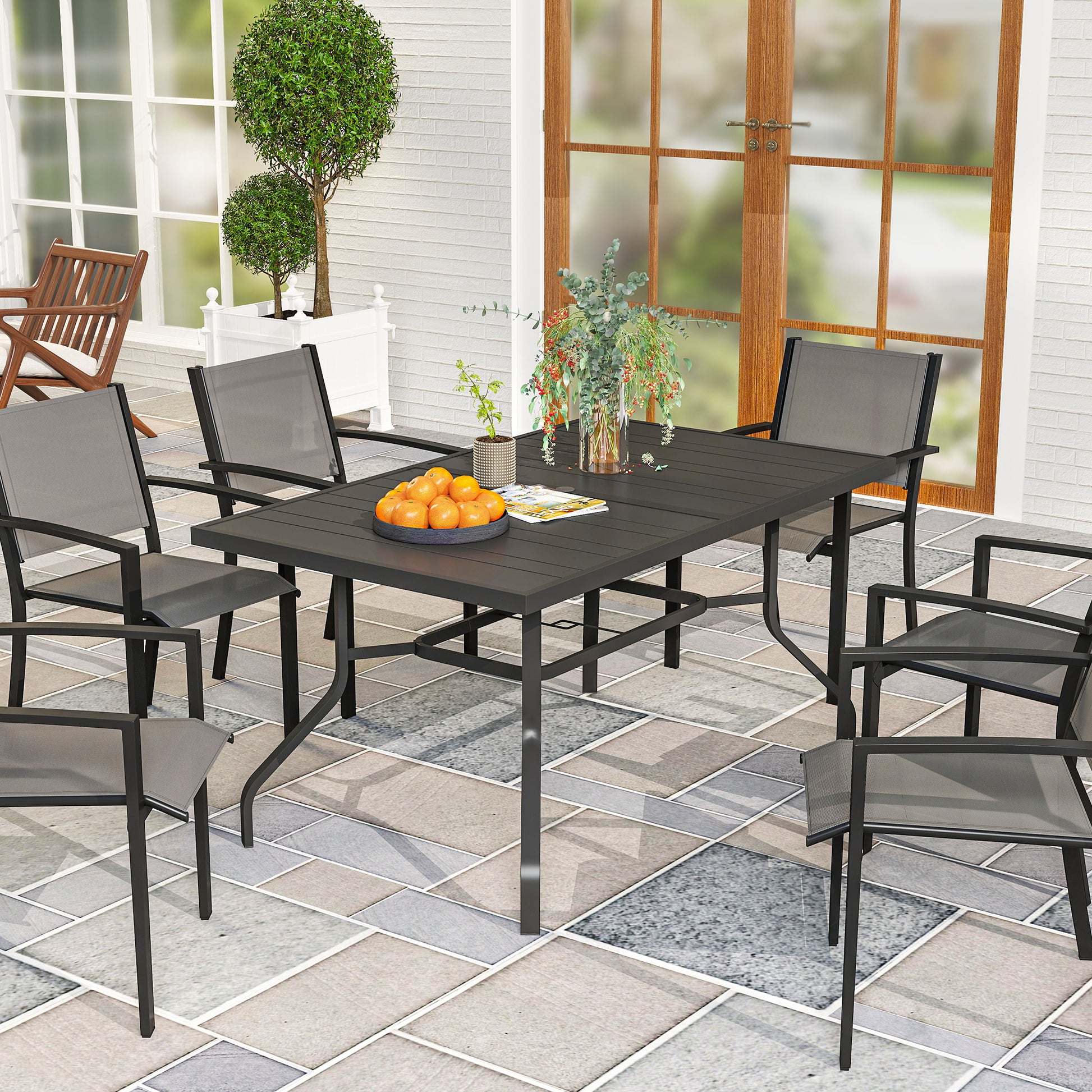 Patio Table 152x90 cm, Weatherproof Steel Balcony Table with Umbrella Hole, Slat Design Dining Table Outdoor, Camping Table, Rectangular Patio Table for Garden Balcony Black