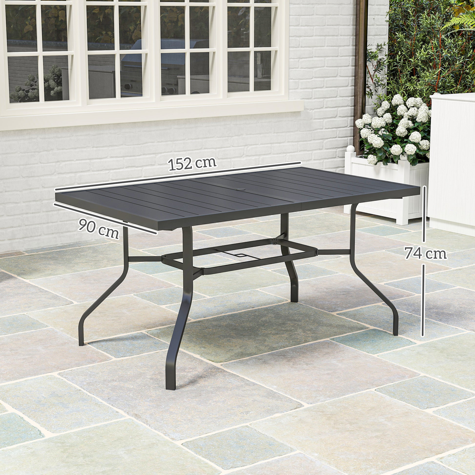 Patio Table 152x90 cm, Weatherproof Steel Balcony Table with Umbrella Hole, Slat Design Dining Table Outdoor, Camping Table, Rectangular Patio Table for Garden Balcony Black