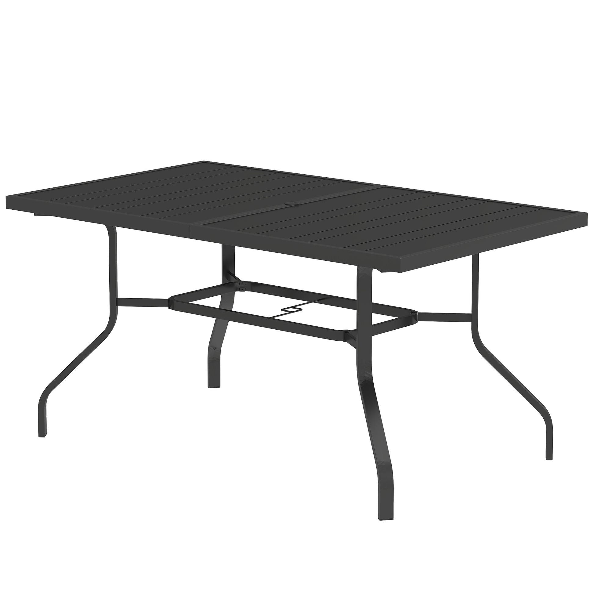 Patio Table 152x90 cm, Weatherproof Steel Balcony Table with Umbrella Hole, Slat Design Dining Table Outdoor, Camping Table, Rectangular Patio Table for Garden Balcony Black