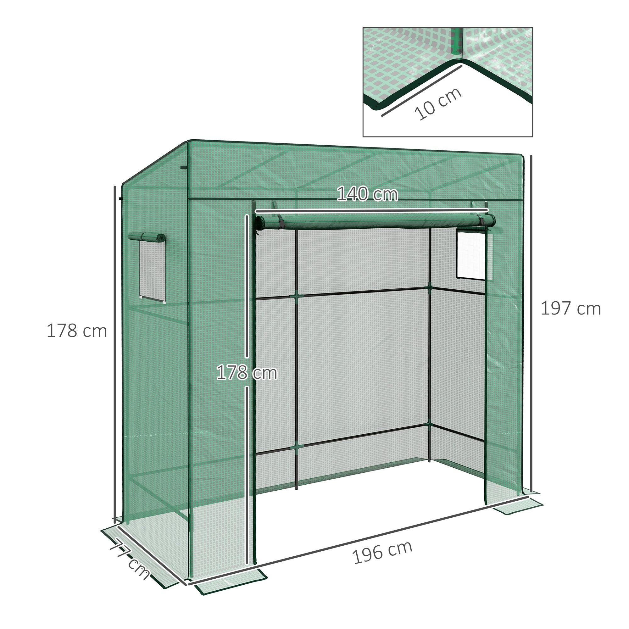 Garden Greenhouse PE, Balcony Greenhouse, Reinforced 140 g/m² Tarpaulin, Steel Frame, Roll-Up Zipper Door, 2 Windows, for Vegetables Plants Flowers, Indoor and Outdoor, 196x77x197cm, Green
