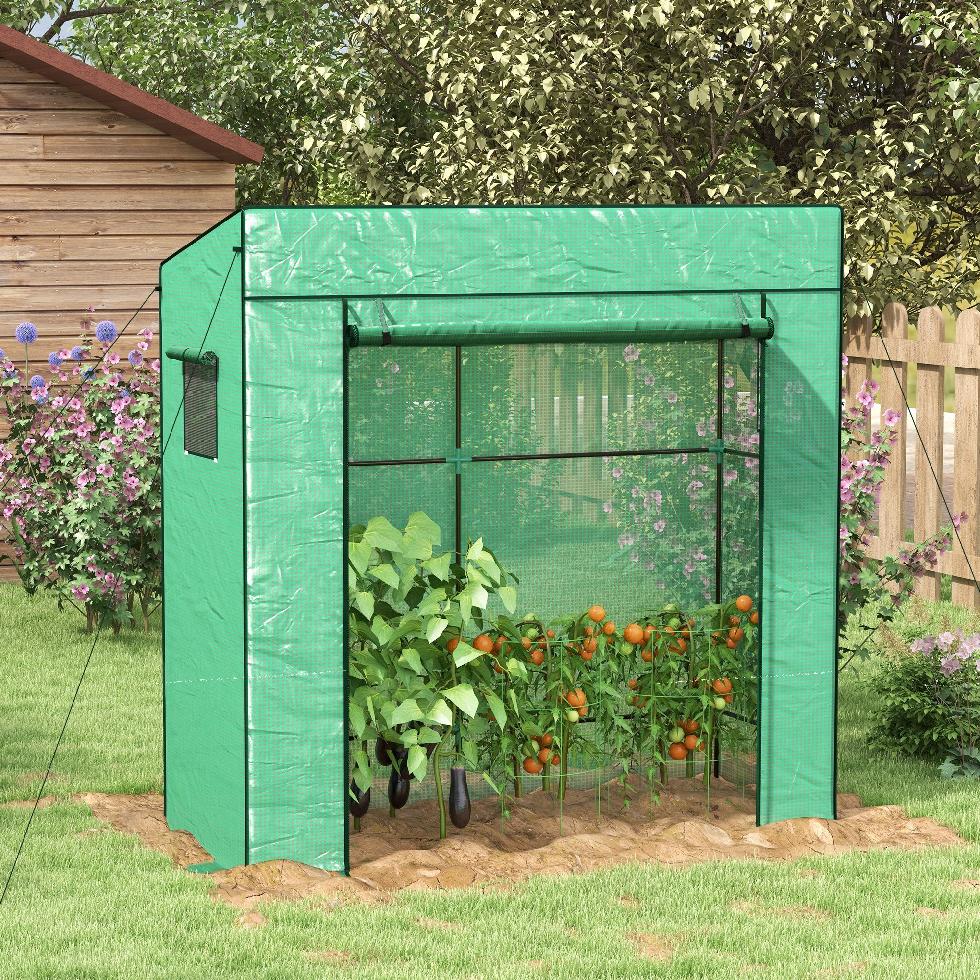 Garden Greenhouse PE, Balcony Greenhouse, Reinforced 140 g/m² Tarpaulin, Steel Frame, Roll-Up Zipper Door, 2 Windows, for Vegetables Plants Flowers, Indoor and Outdoor, 196x77x197cm, Green
