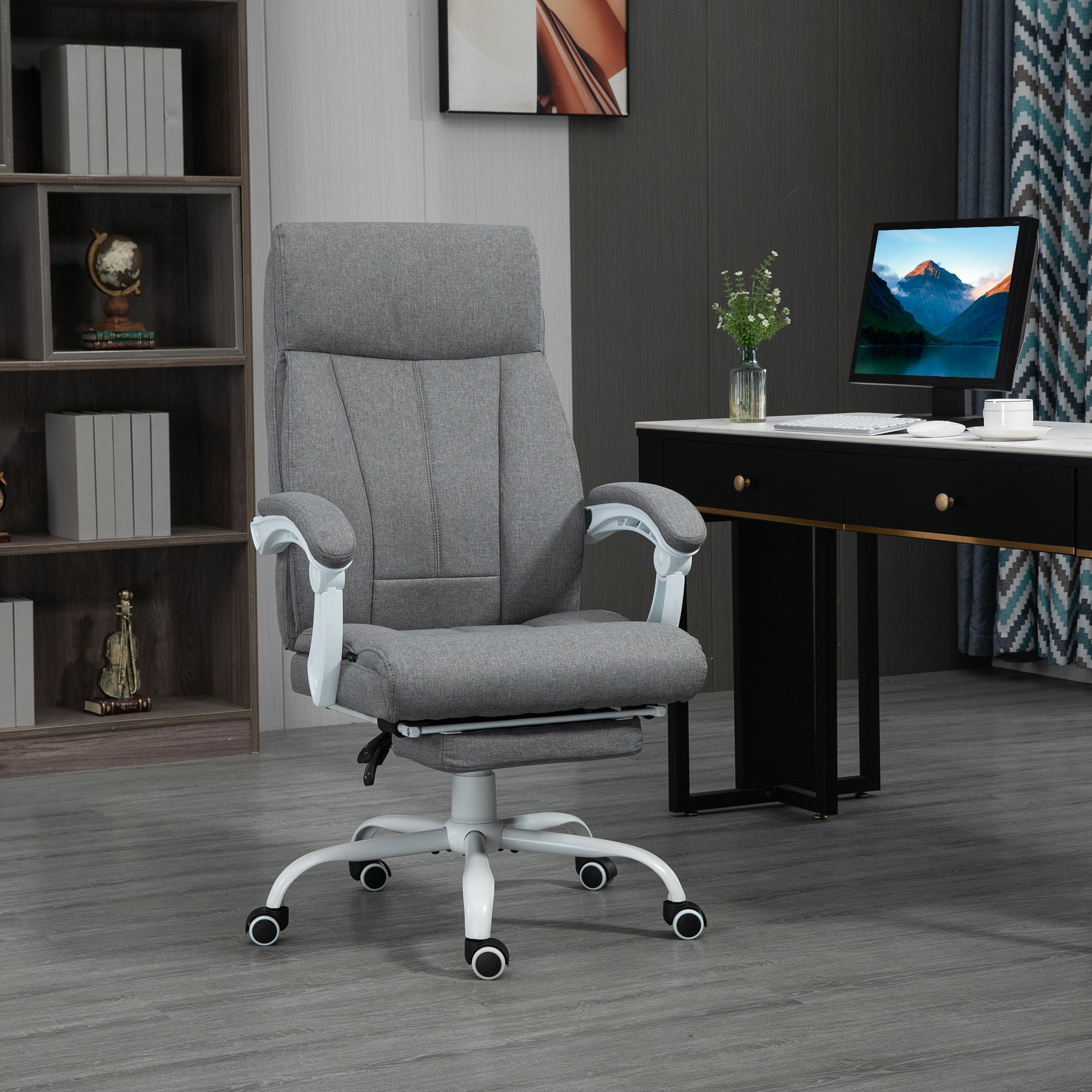 Office Chair, Ergonomic Desk Chair with Reclining Function, Footrest, Height Adjustable Computer Chair with Armrest, Swivel Chair with Linen Look, for Home Office, Gray