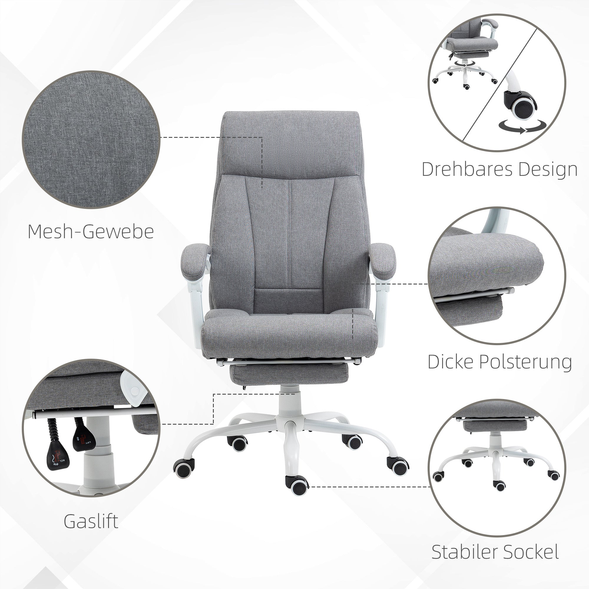 Office Chair, Ergonomic Desk Chair with Reclining Function, Footrest, Height Adjustable Computer Chair with Armrest, Swivel Chair with Linen Look, for Home Office, Gray
