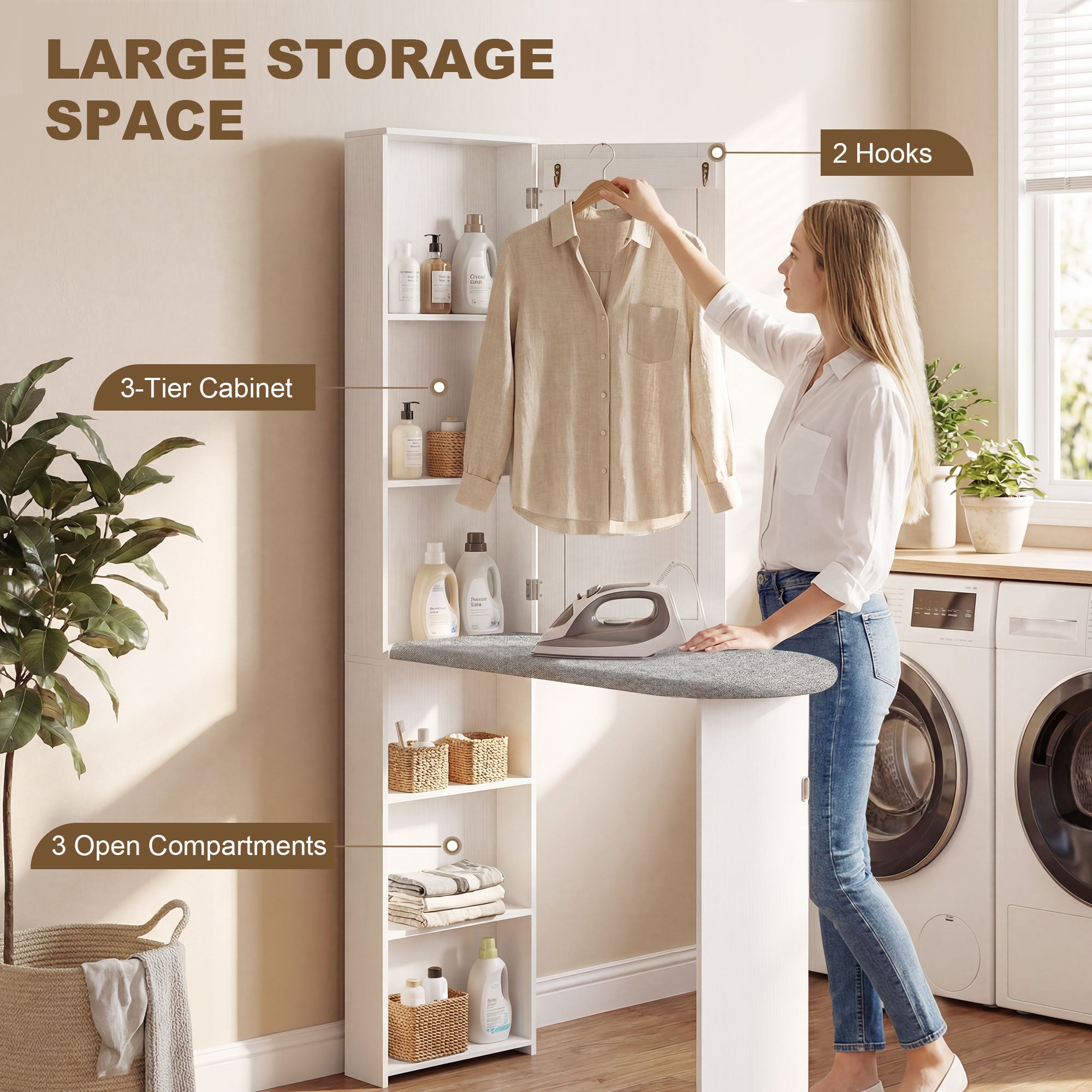 Foldable Ironing Board Cabinet with Door, Internal Shelves & Mirror — Space-Saving Ironing Station for Laundry Rooms or Small Spaces, 106 x 35 x 174 cm (41.7 x 13.8 x 68.5 in), White