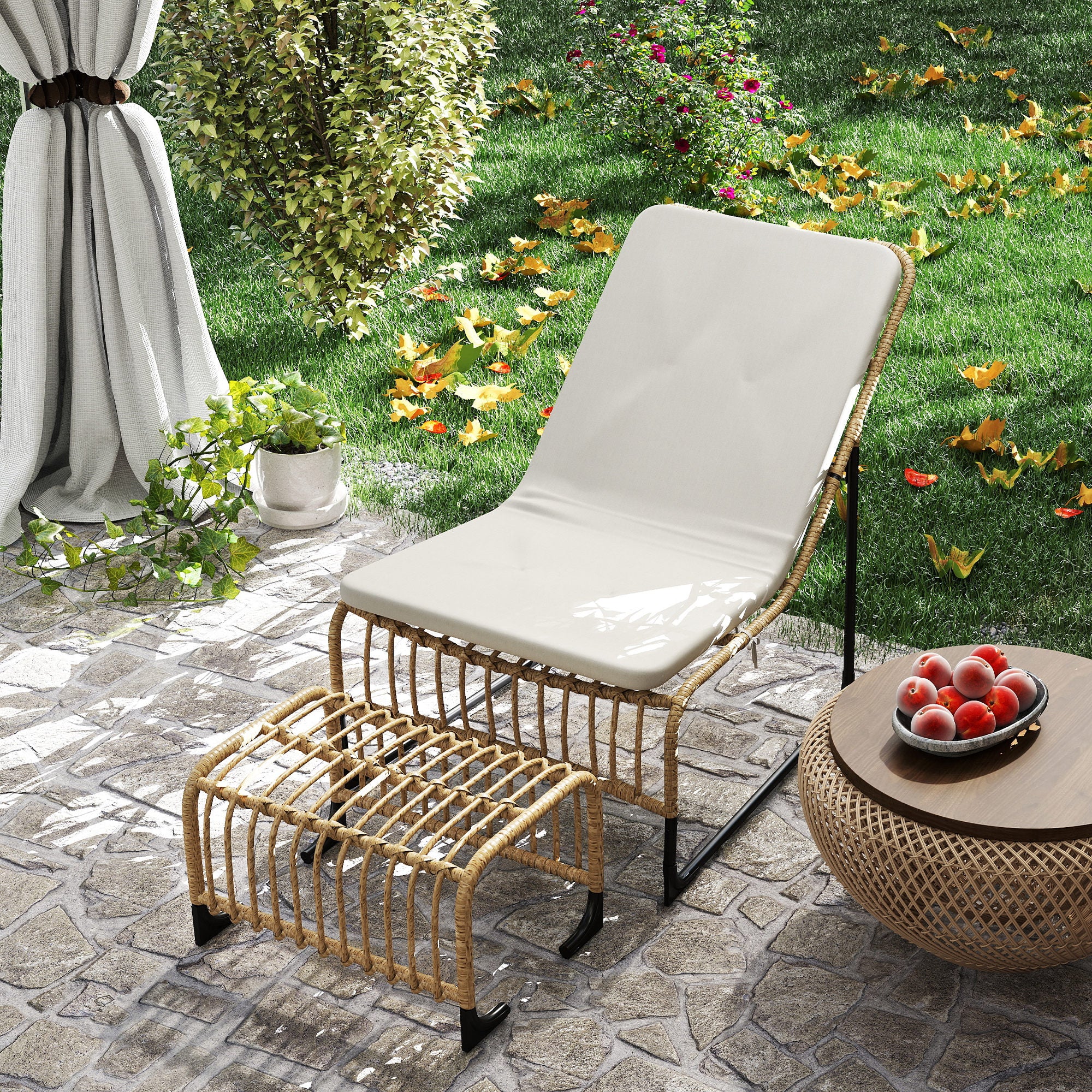 Rattan Relax Chair with Footstool UV Resistant Garden Chair with Cushion Straps Outdoor Rattan Chair Garden Chair for Garden, Balcony, Terrace Natural Wood