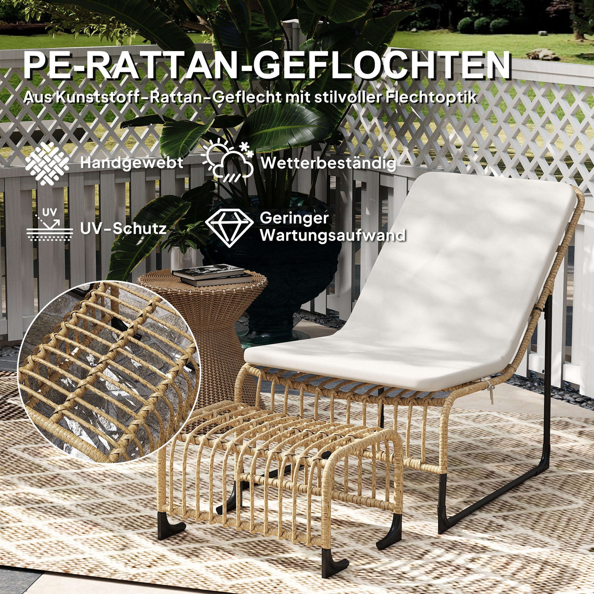 Rattan Relax Chair with Footstool UV Resistant Garden Chair with Cushion Straps Outdoor Rattan Chair Garden Chair for Garden, Balcony, Terrace Natural Wood