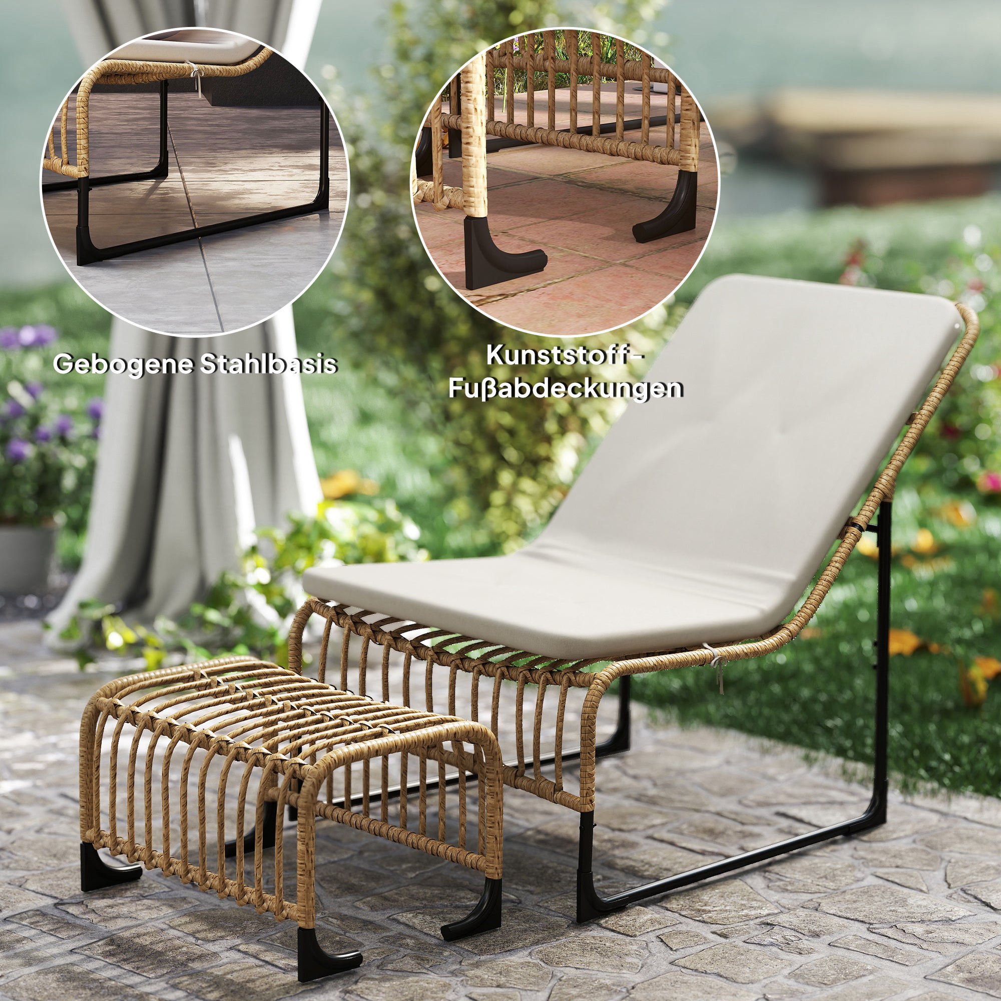 Rattan Relax Chair with Footstool UV Resistant Garden Chair with Cushion Straps Outdoor Rattan Chair Garden Chair for Garden, Balcony, Terrace Natural Wood
