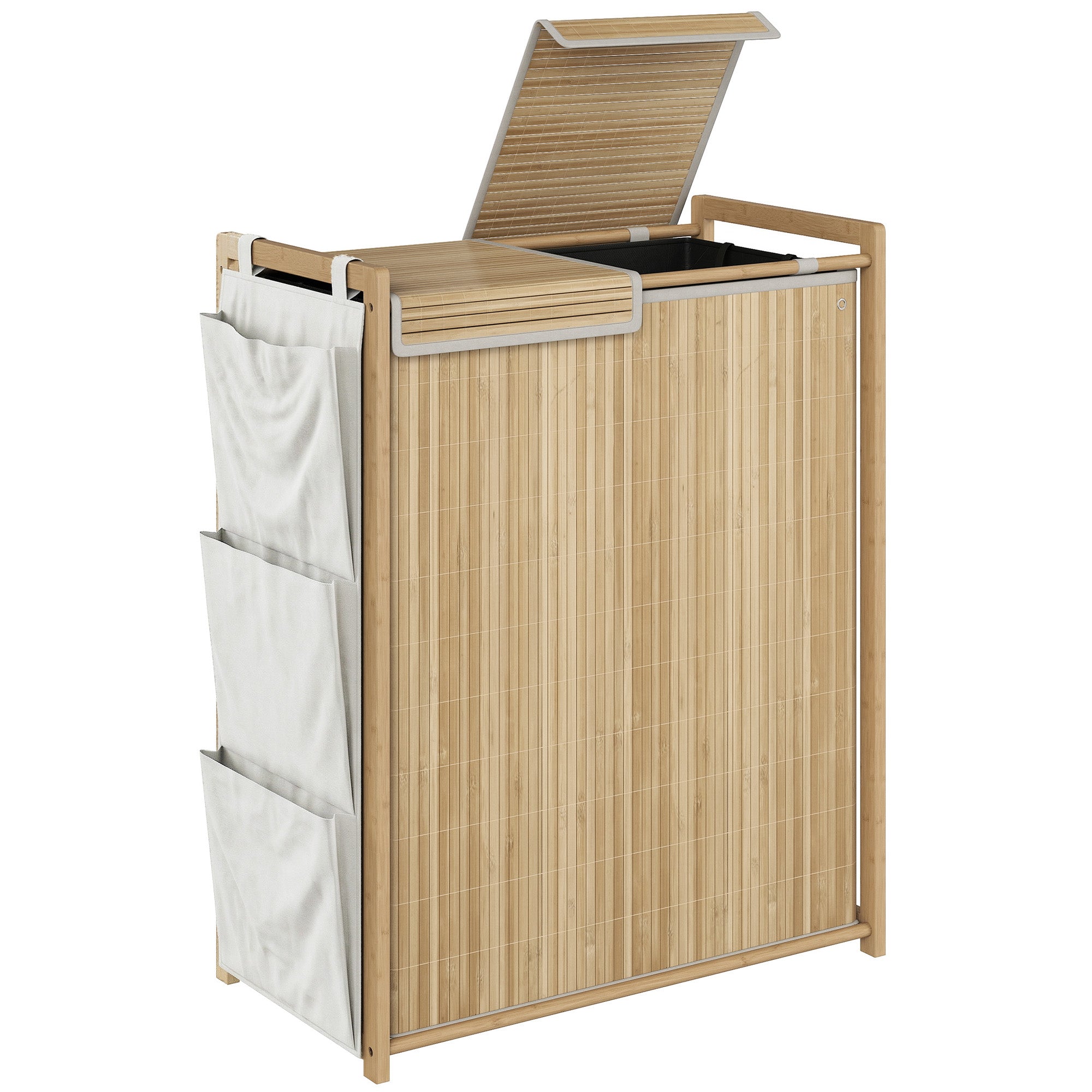 120L Bamboo Laundry Hamper with Lid, 2 Compartments, Removable Drawstring Washable Liners, Side Pockets, 24.8 x 13.0 x 30.7 in, Natural