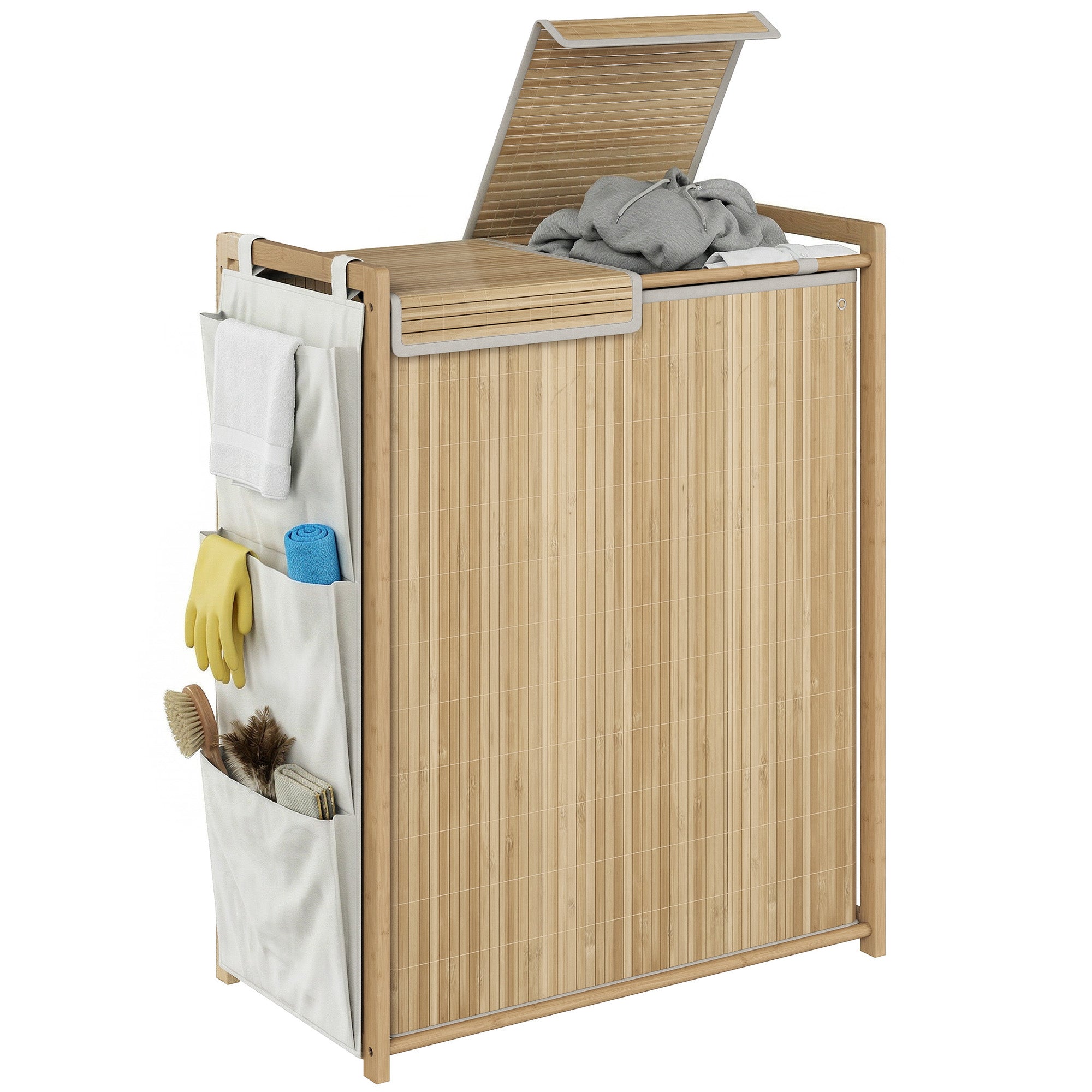 120L Bamboo Laundry Hamper with Lid, 2 Compartments, Removable Drawstring Washable Liners, Side Pockets, 24.8 x 13.0 x 30.7 in, Natural