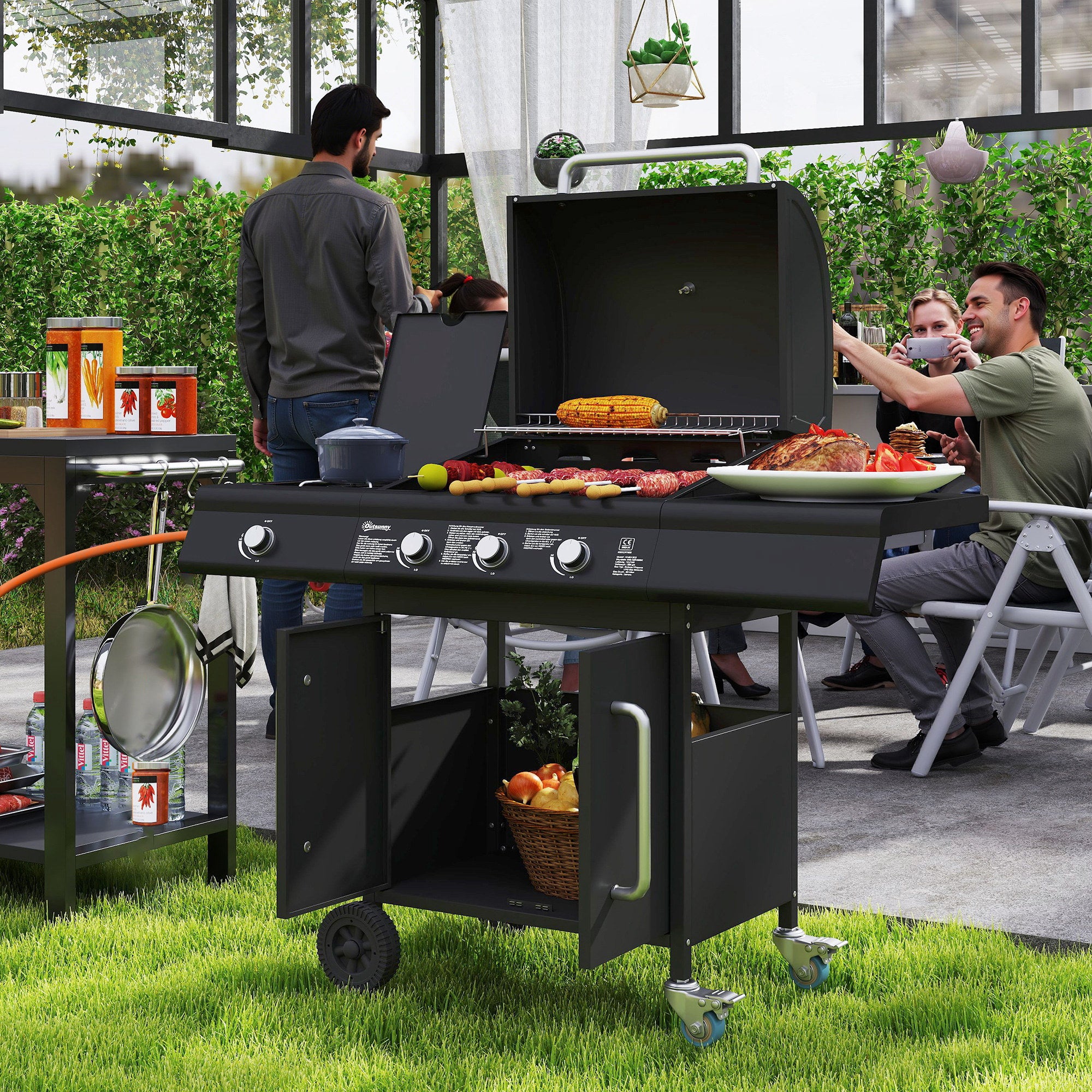 12.2 kW (≈41,600 BTU) 3+1-Burner Gas BBQ Cart, Stainless Steel with Wheels, Side Burner, Thermometer, Warming Rack, Side Shelf — 118.5 x 56 x 110 cm (46.7 x 22.0 x 43.3 in)