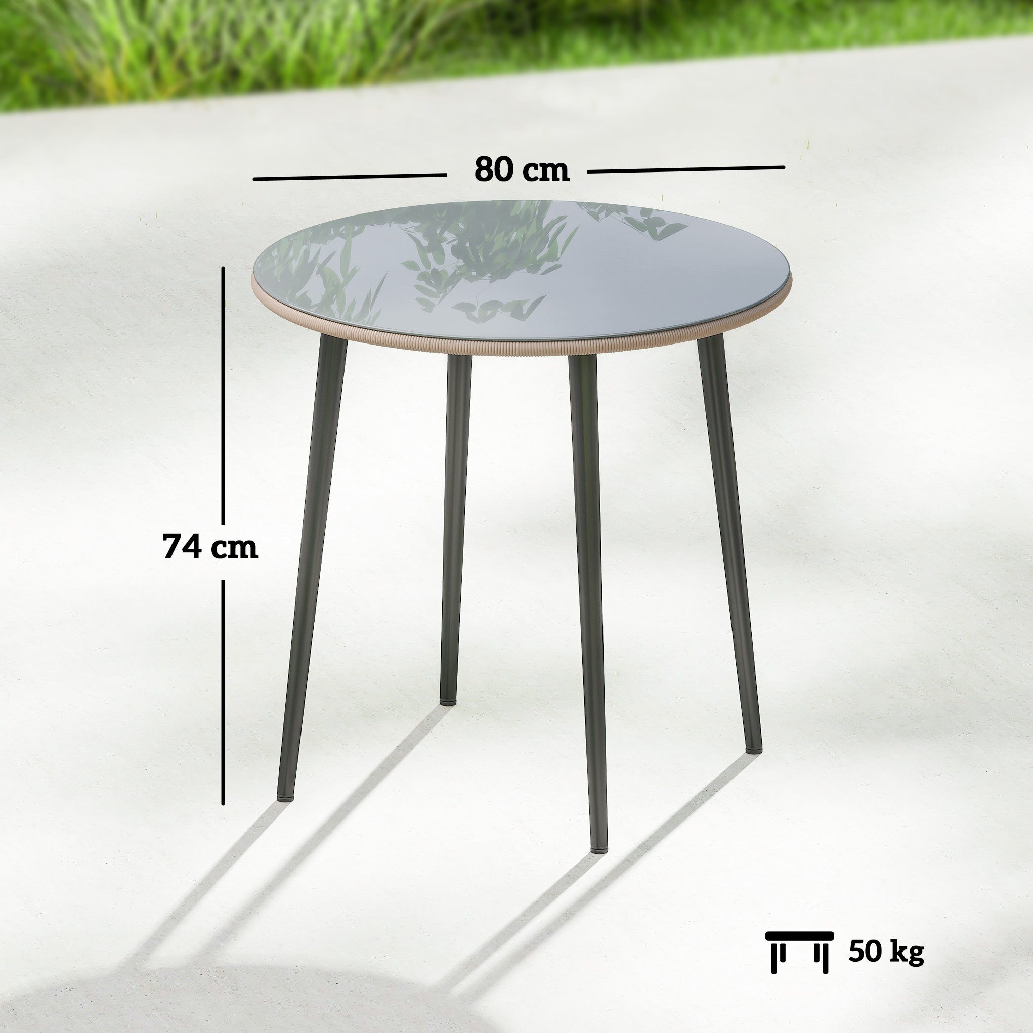 Round Garden Dining Table, Outdoor Patio Table 31.5 x 31.5 x 29.1 in, Tempered Glass Top with Rattan Edge, Steel Frame, 110 lb Capacity, for Patio & Balcony, Gray