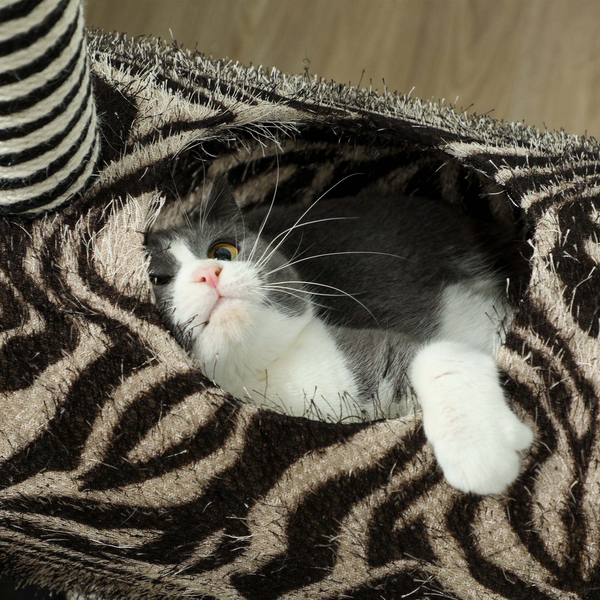 Cat Tree, Height 93 cm, Cat Tree in Zebra Design, Climbing Tree with Cat Tunnel, Cat Scratching Post with Jute Posts, Play Tree, Cat Furniture, Black+White