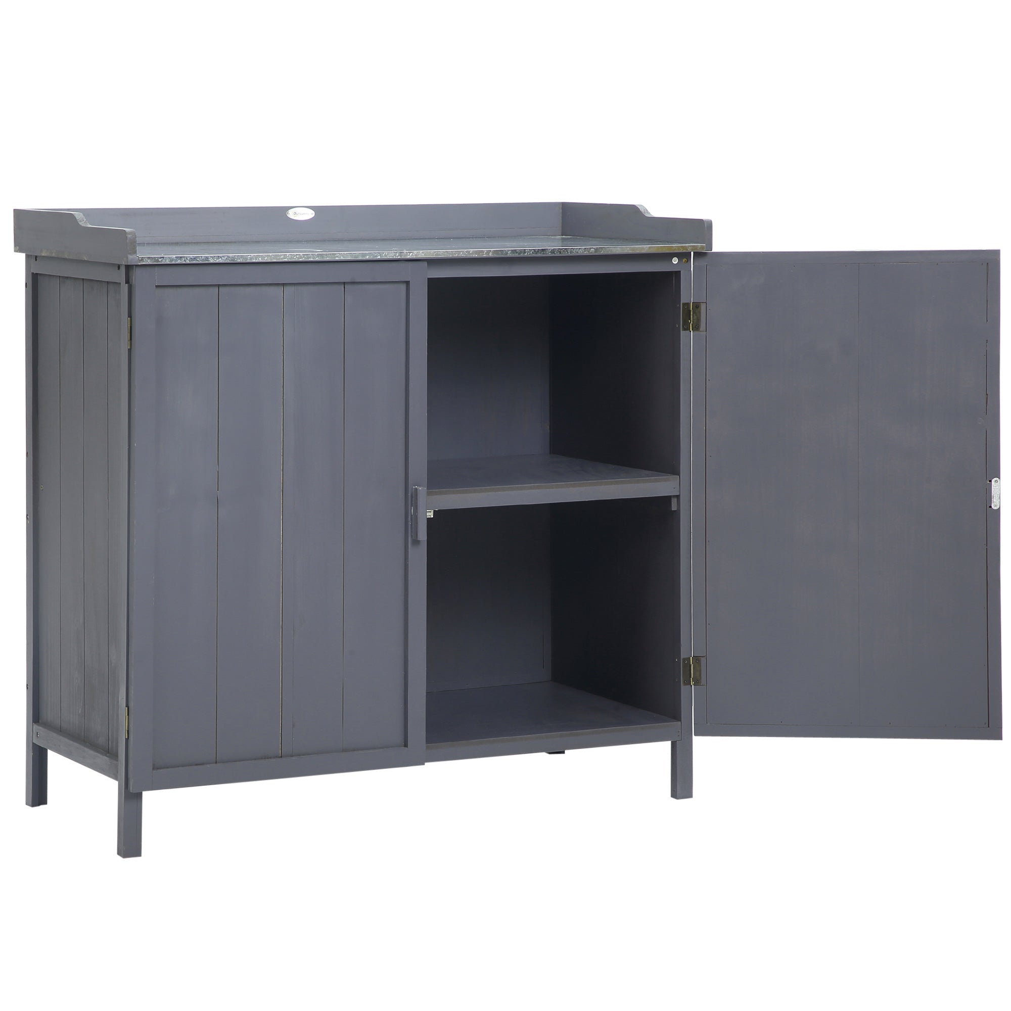 Garden Storage Cabinet on Legs, 2-in-1 Potting Table with Double Door, Shelf, Galvanized Metal Top - Gray