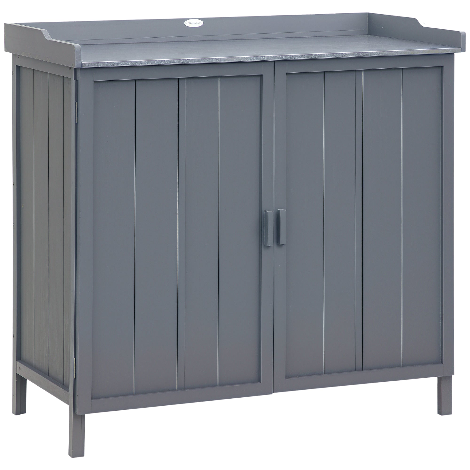 Garden Storage Cabinet on Legs, 2-in-1 Potting Table with Double Door, Shelf, Galvanized Metal Top - Gray