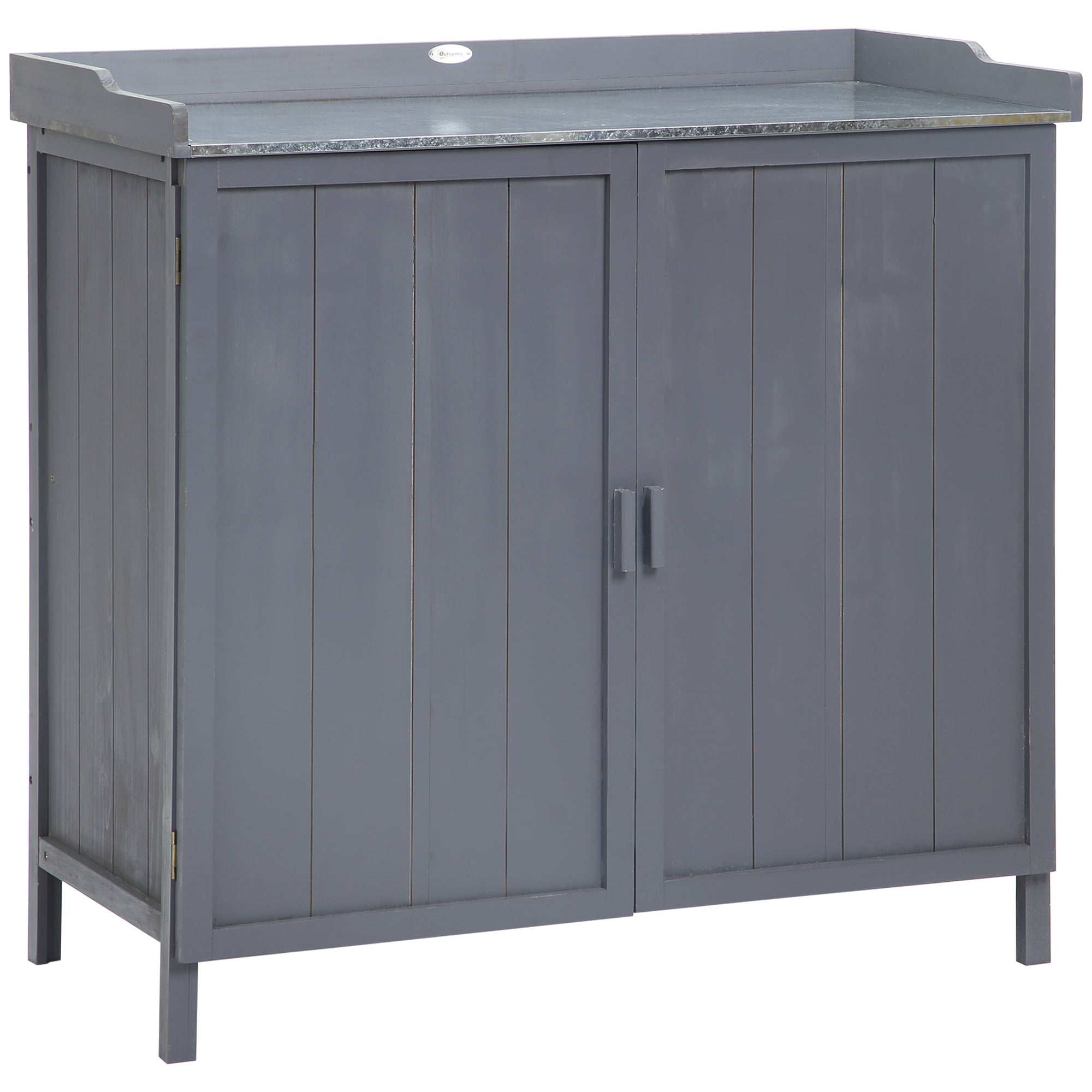 Garden Storage Cabinet on Legs, 2-in-1 Potting Table with Double Door, Shelf, Galvanized Metal Top - Gray