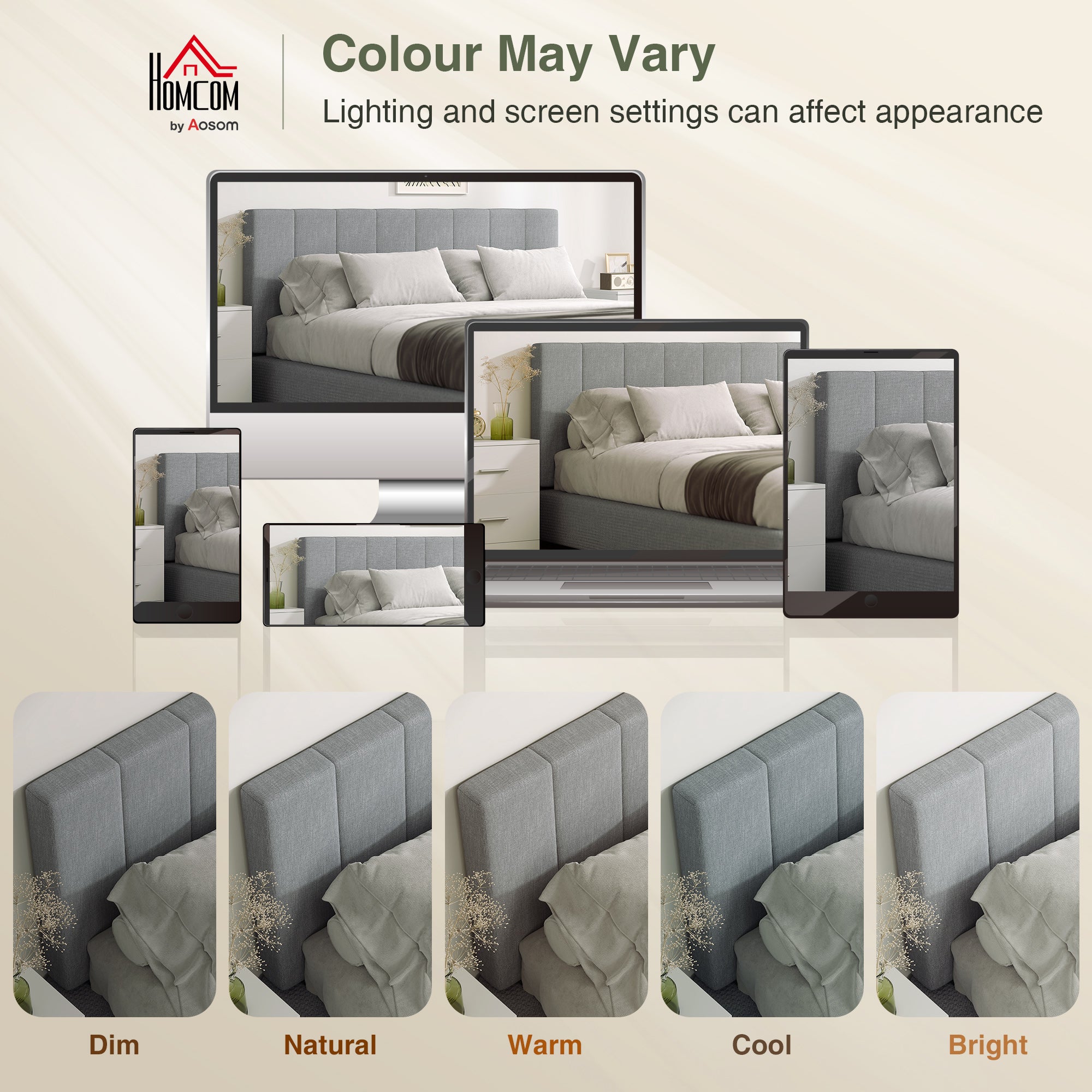 3-Height Adjustable Upholstered Headboard, Linen-Look, Foam-Padded with Metal Legs — Gray (Fits 59–63" Beds)