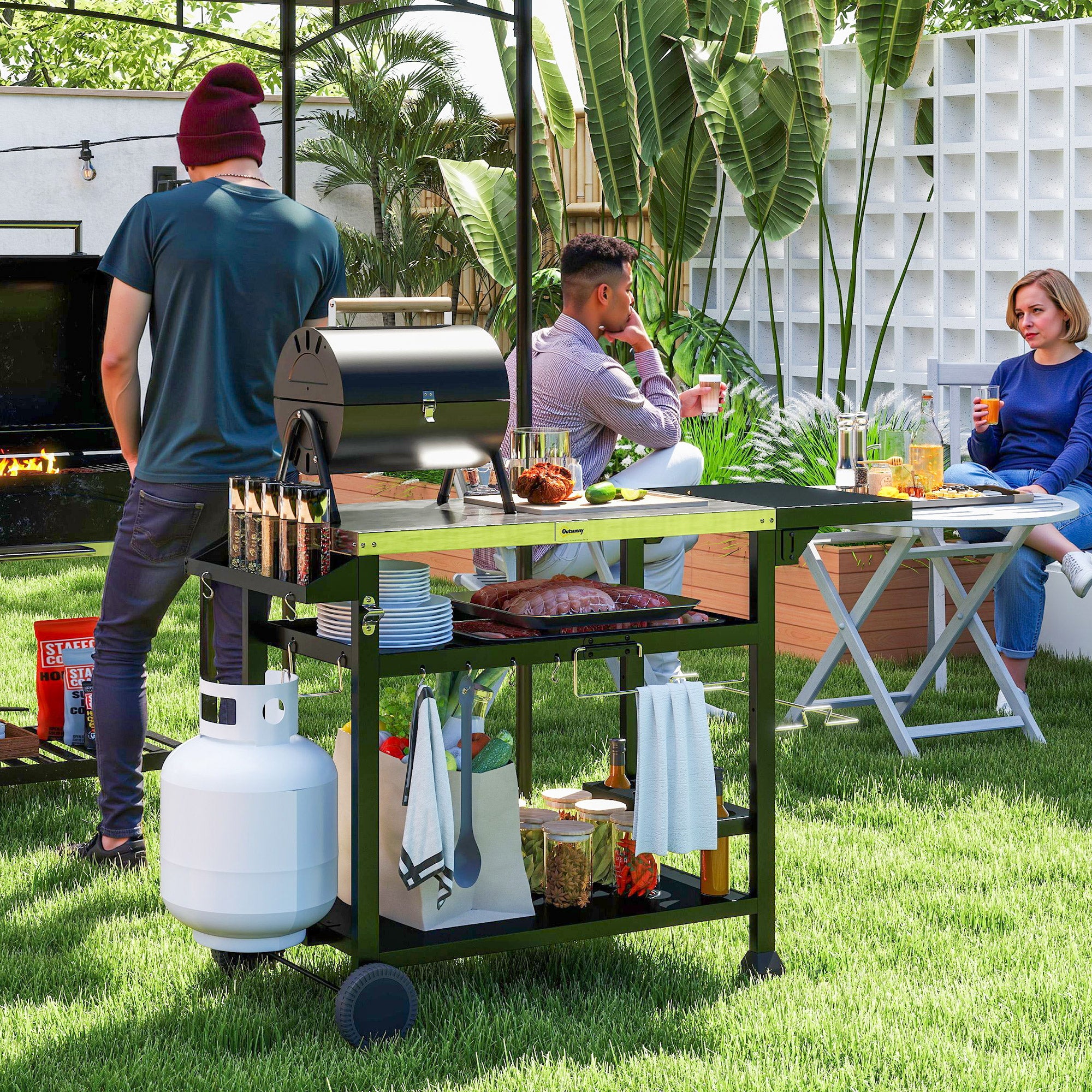 Barbecue Plancha Cart with Stainless Steel Tray, Multi-Equipment, 6 Hooks, Folding Shelf, 3 Layers, 2 Wheels