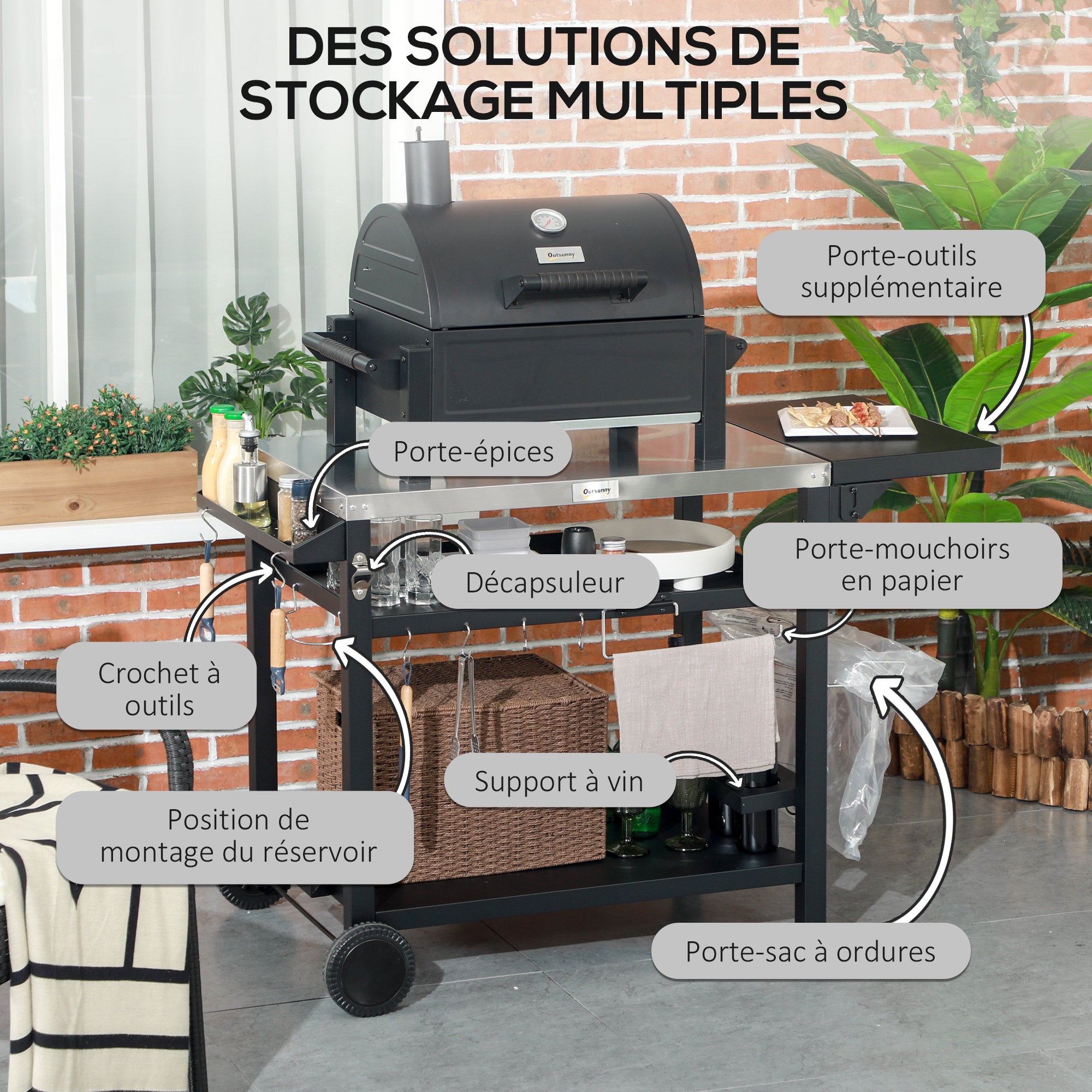 Barbecue Plancha Cart with Stainless Steel Tray, Multi-Equipment, 6 Hooks, Folding Shelf, 3 Layers, 2 Wheels