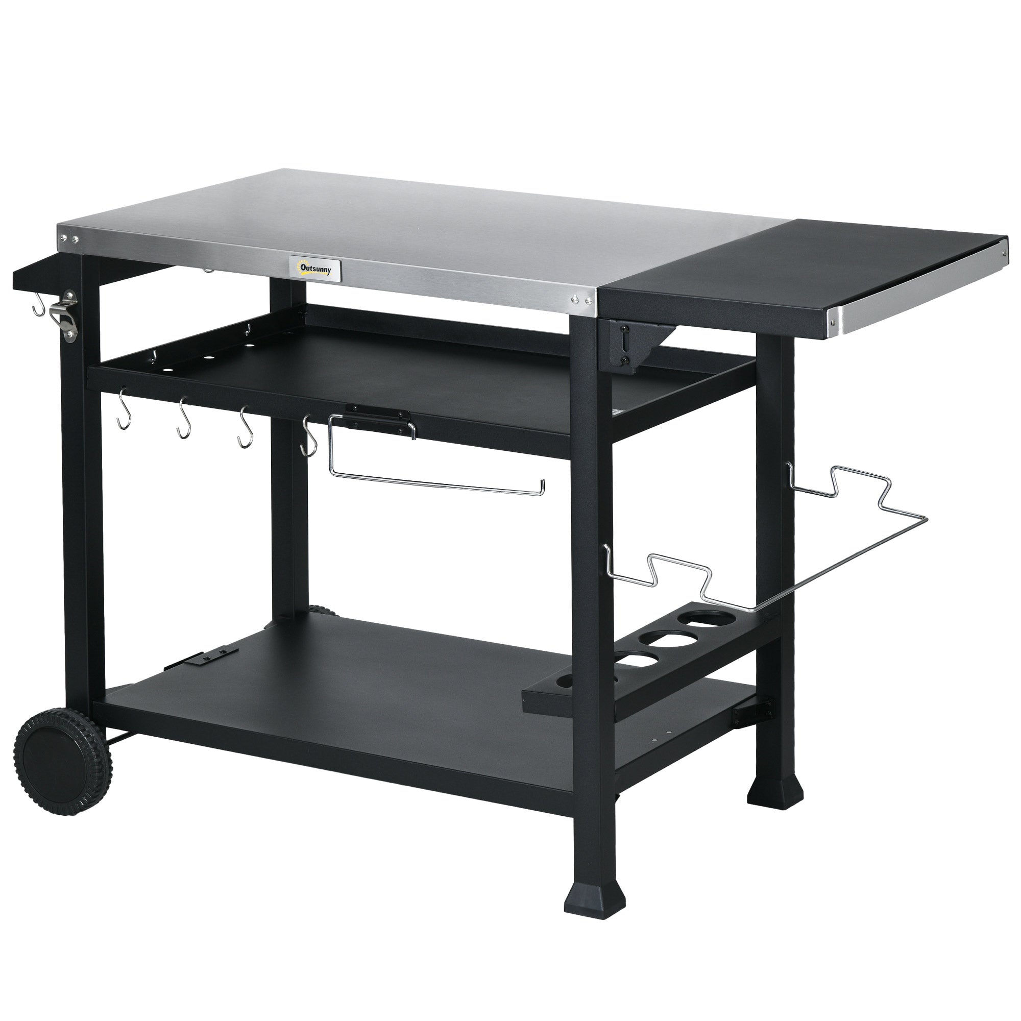Barbecue Plancha Cart with Stainless Steel Tray, Multi-Equipment, 6 Hooks, Folding Shelf, 3 Layers, 2 Wheels