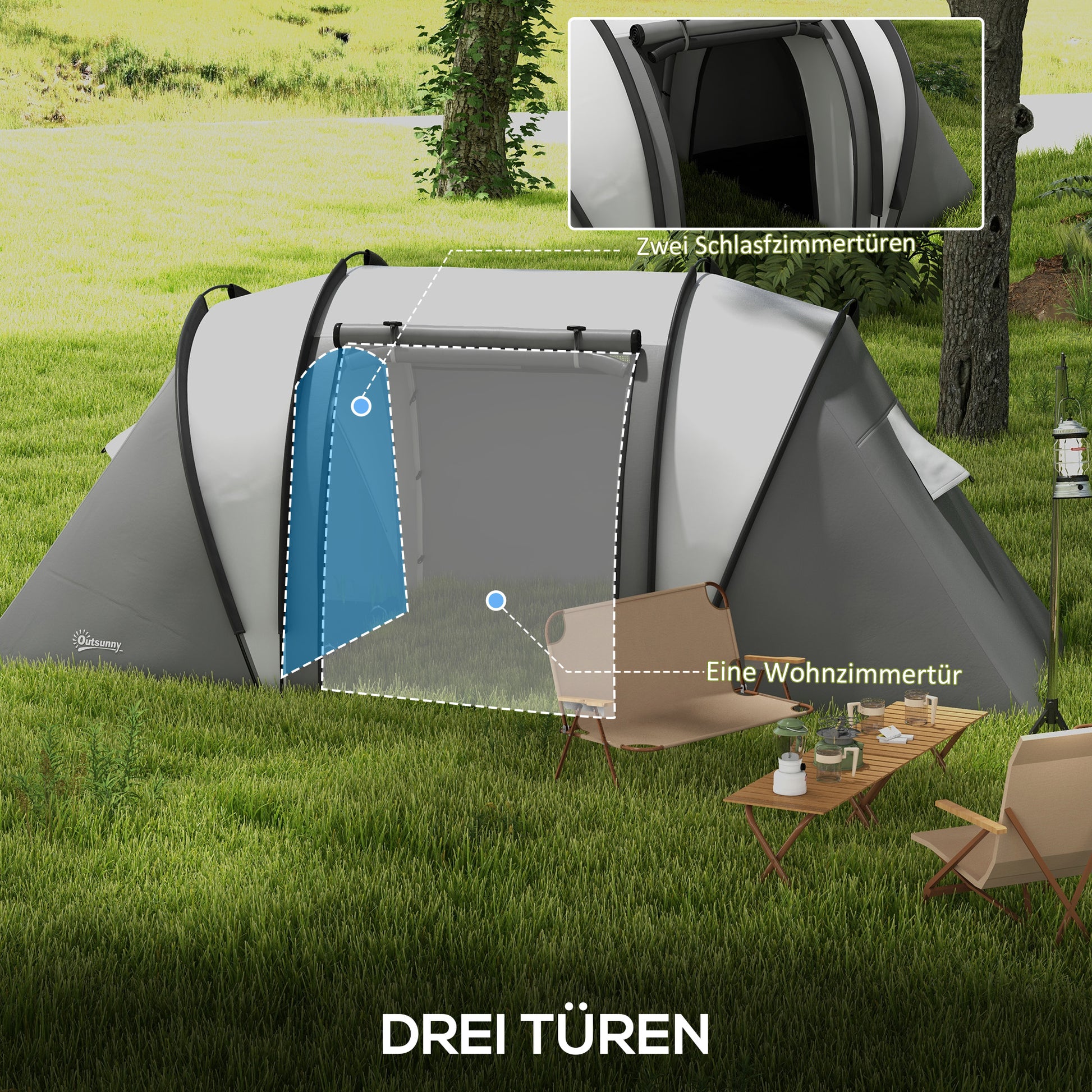 Camping Tent for 4-5 Persons, Lightly Water Repellent Family Tent with 2 Rooms, Side Door, Window, Tent with 3000mm Water Column, Tunnel Tent, Dome Tent for Camping, Travel, Garden