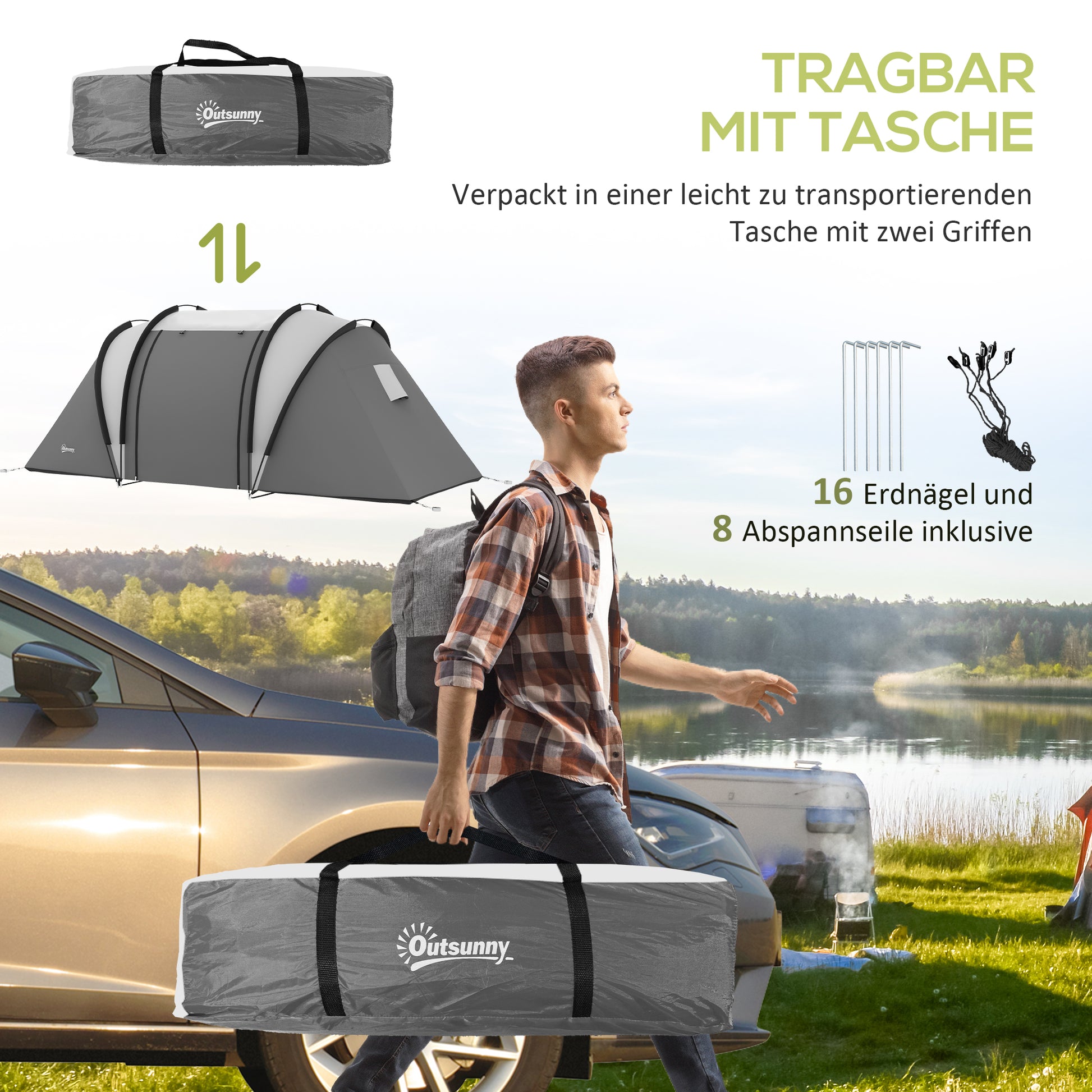 Camping Tent for 4-5 Persons, Lightly Water Repellent Family Tent with 2 Rooms, Side Door, Window, Tent with 3000mm Water Column, Tunnel Tent, Dome Tent for Camping, Travel, Garden