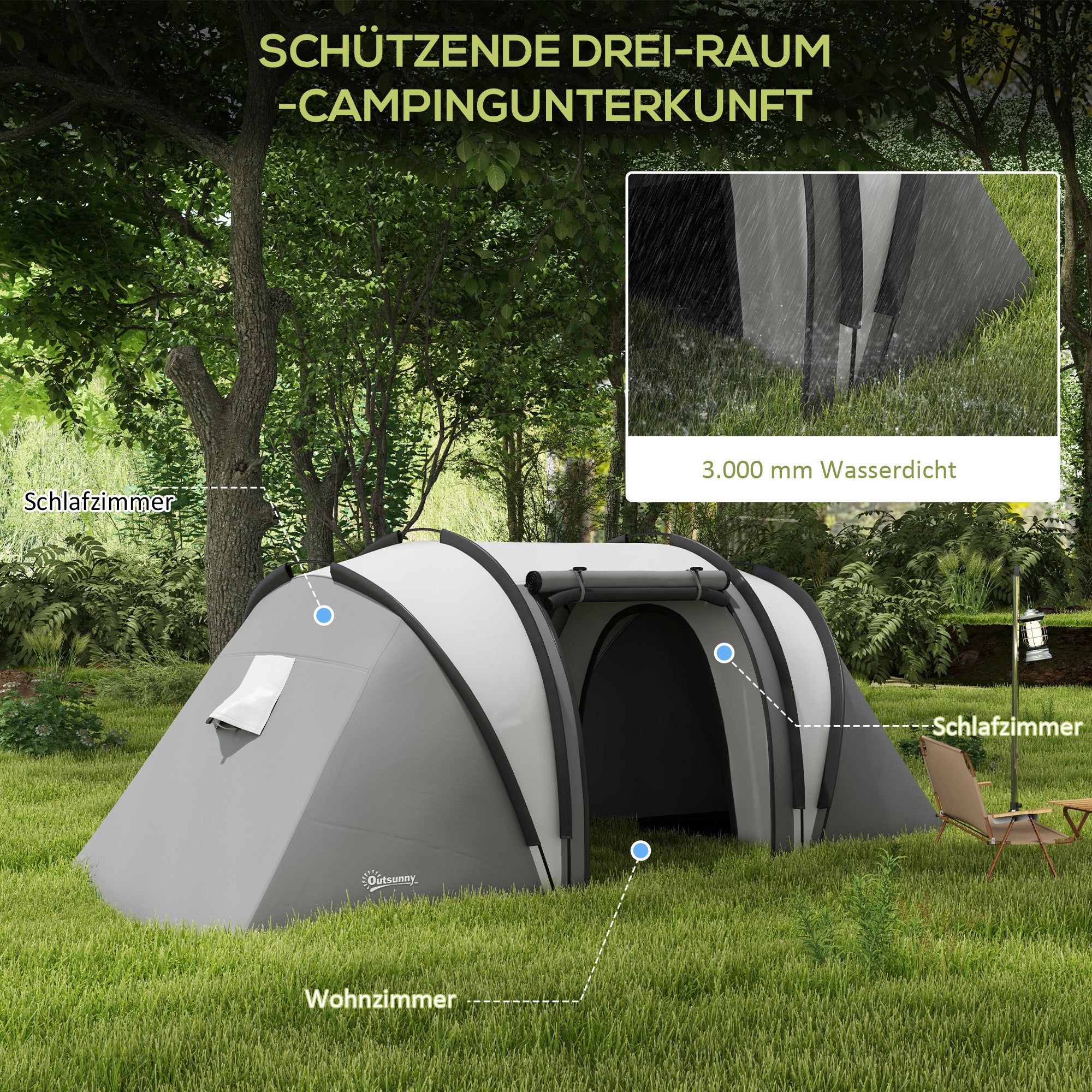 Camping Tent for 4-5 Persons, Lightly Water Repellent Family Tent with 2 Rooms, Side Door, Window, Tent with 3000mm Water Column, Tunnel Tent, Dome Tent for Camping, Travel, Garden
